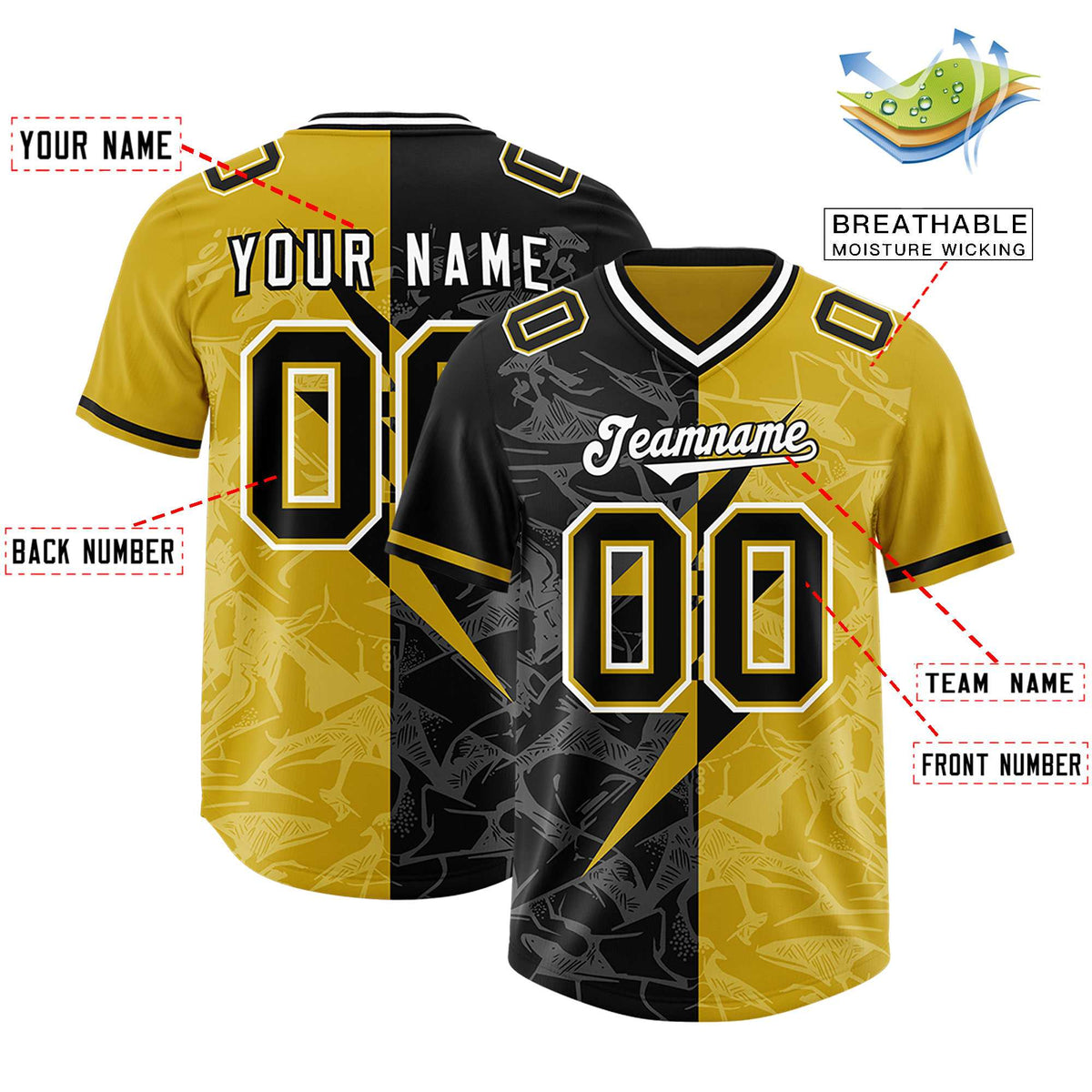Custom Old Gold Black Split Personalized Lightning Pattern American Football Jersey