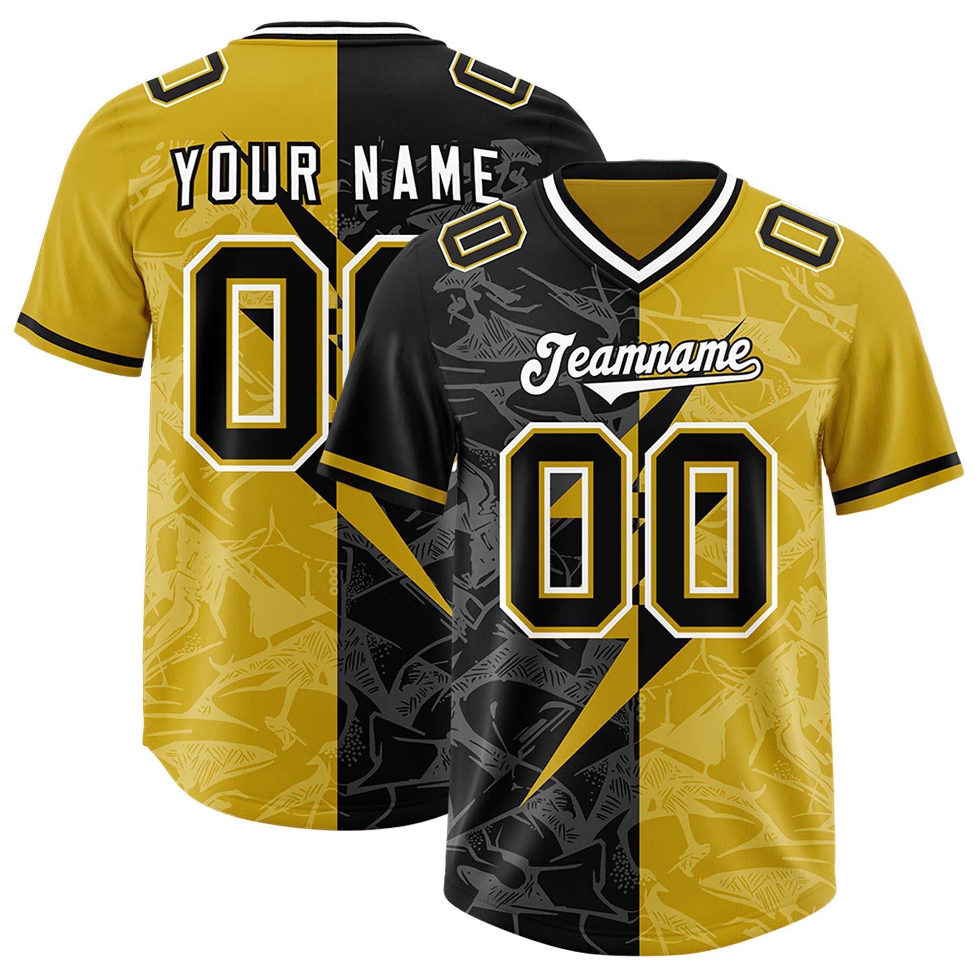 Custom Old Gold Black Split Personalized Lightning Pattern American Football Jersey