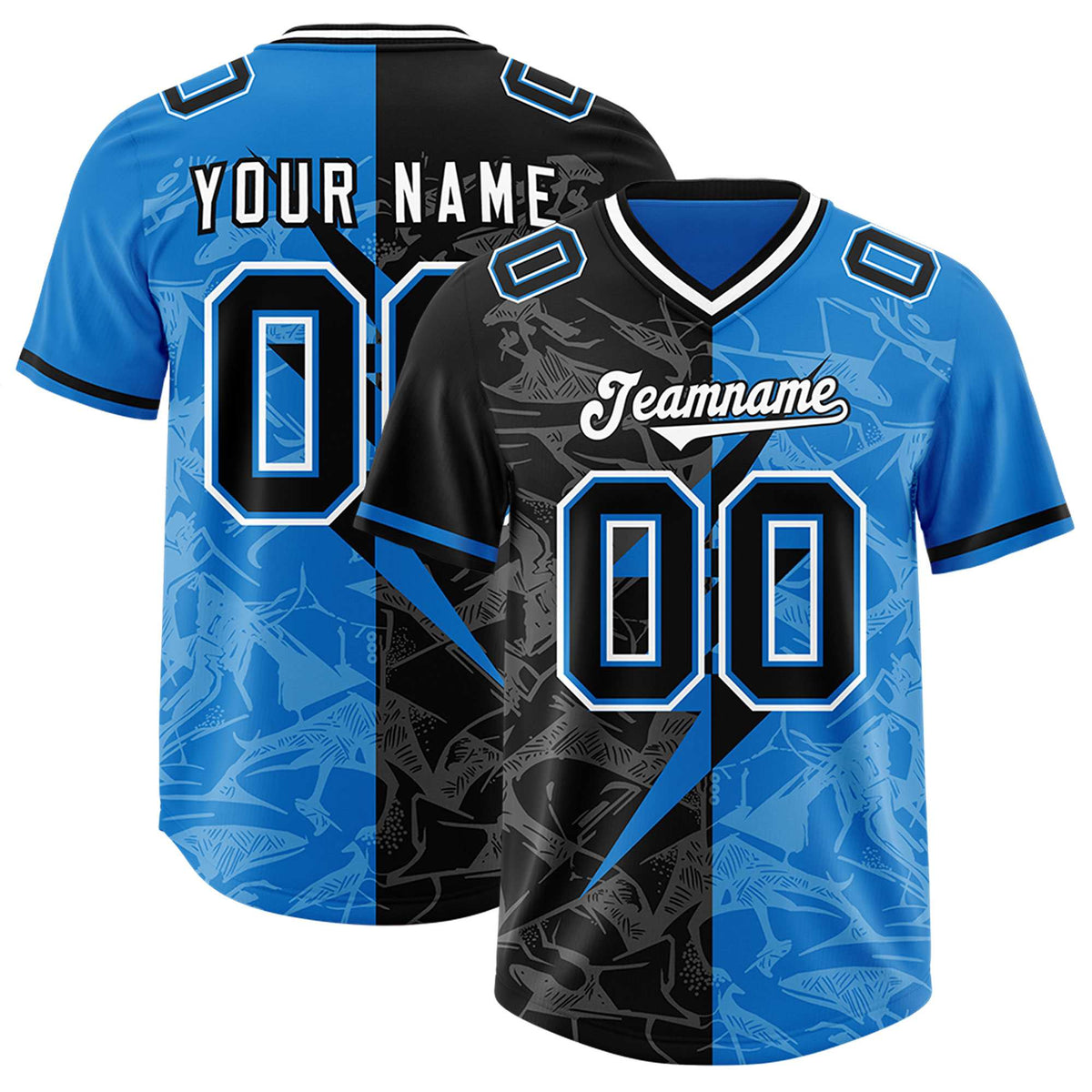 Custom Panther Blue Black Split Personalized Lightning Pattern American Football Jersey