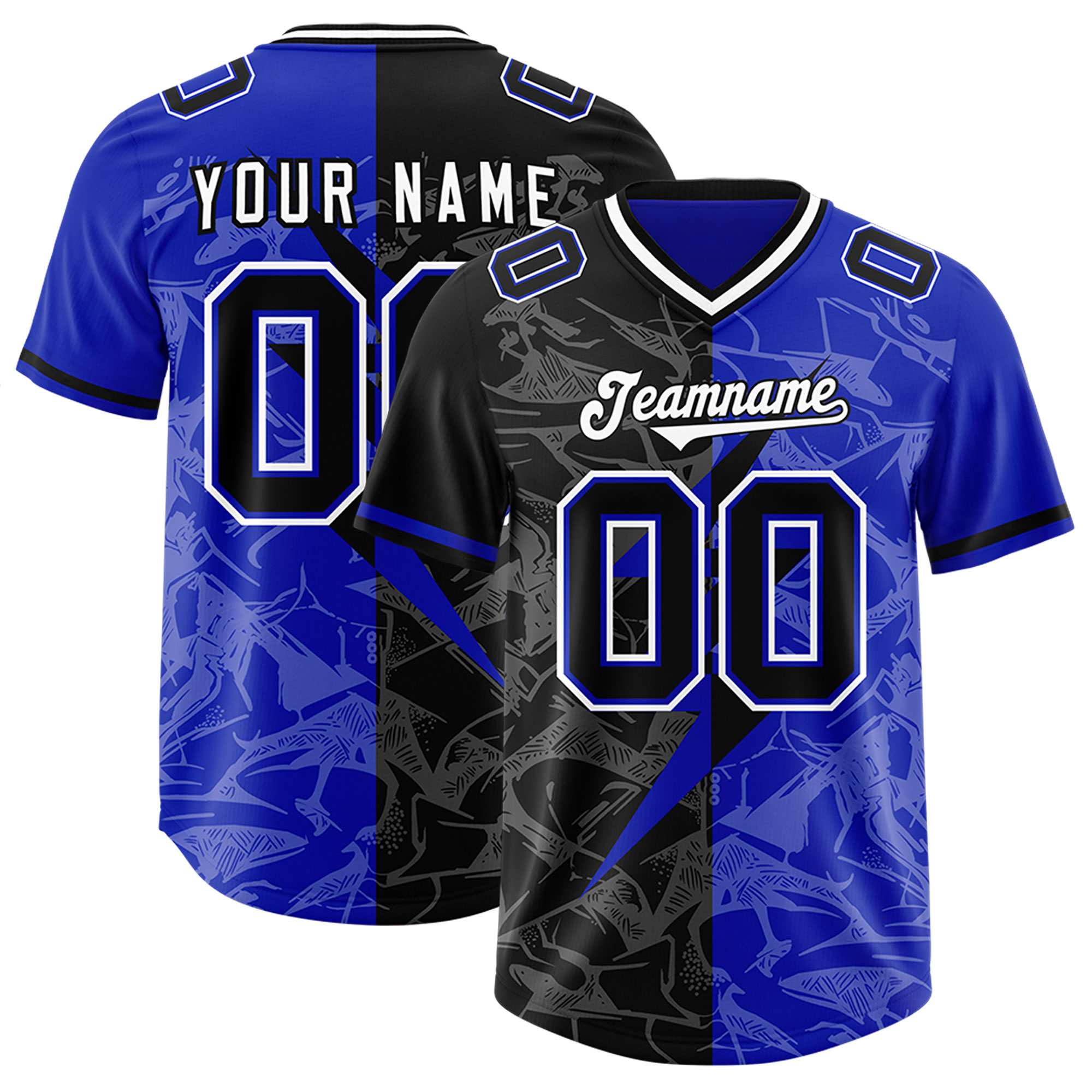 Custom Royal Black Split Personalized Lightning Pattern American Football Jersey