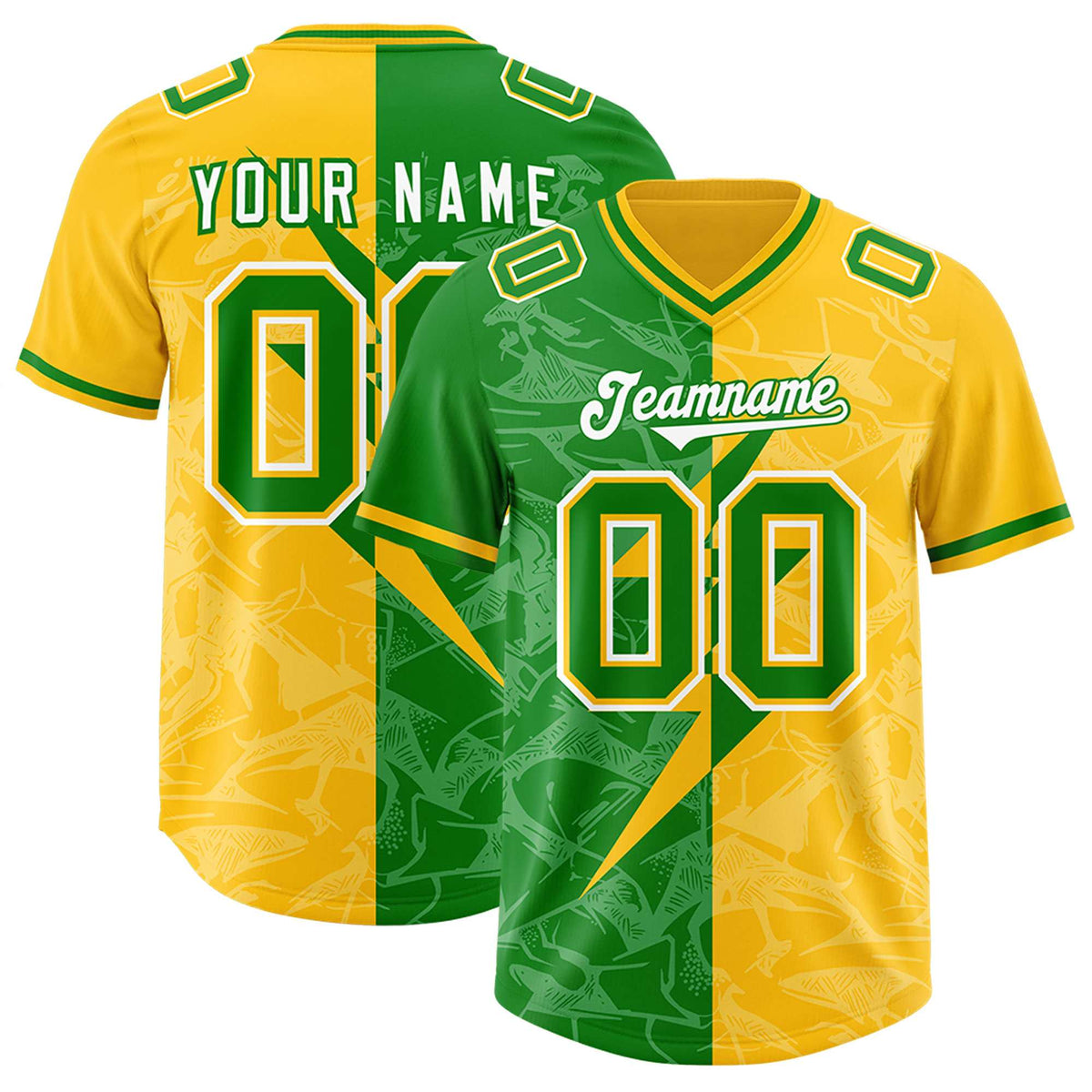 Custom Kelly Green Yellow Split Personalized Lightning Pattern American Football Jersey