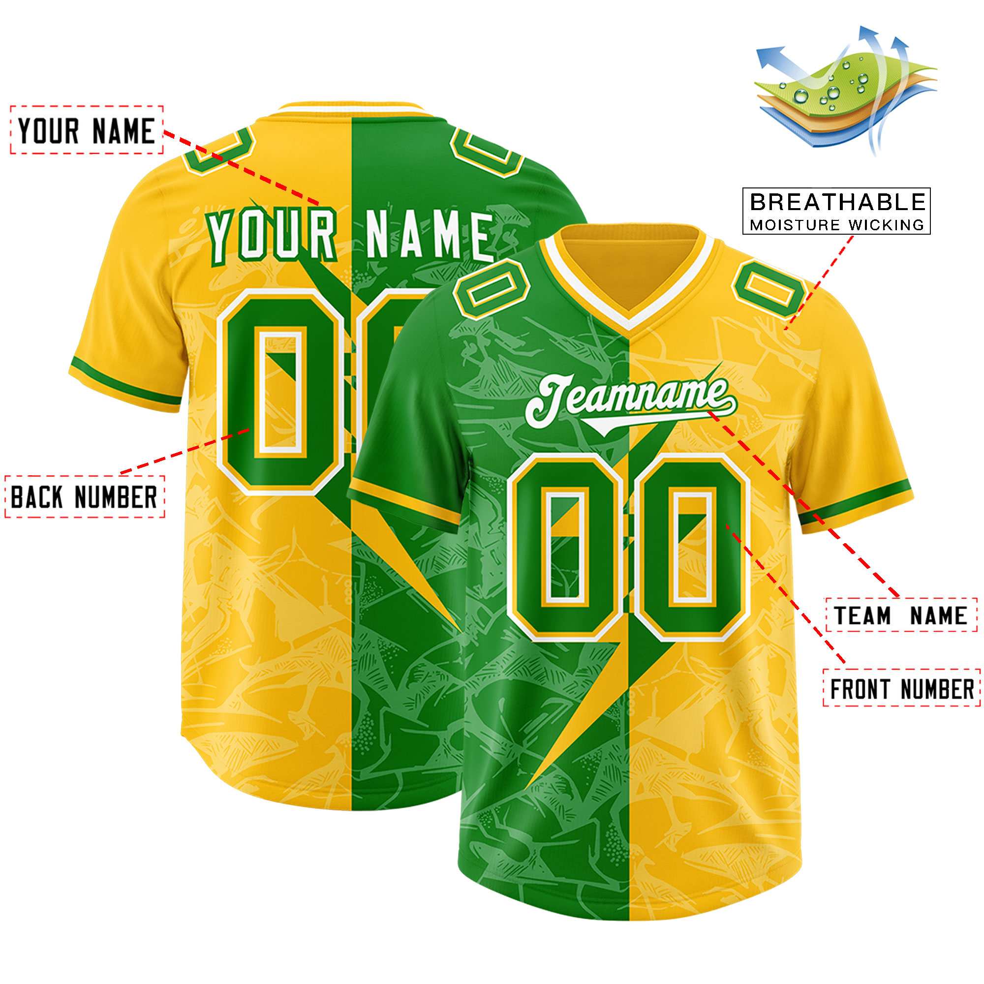 Custom Kelly Green Yellow Split Personalized Lightning Pattern American Football Jersey