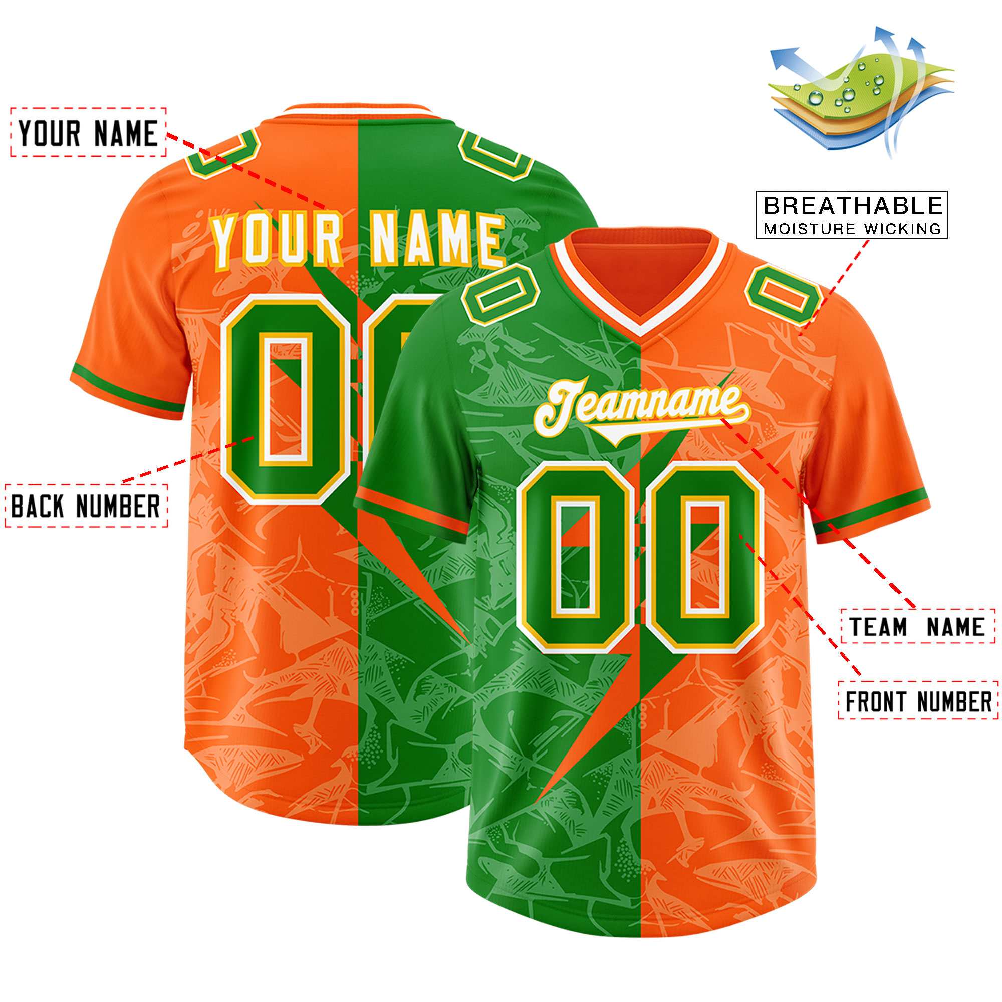 Custom Orange Kelly Green Split Personalized Lightning Pattern American Football Jersey