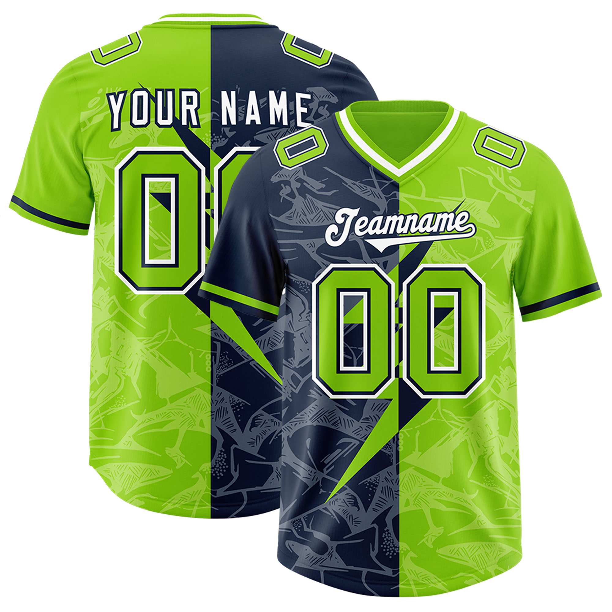 Custom Neon Green Navy Split Personalized Lightning Pattern American Football Jersey