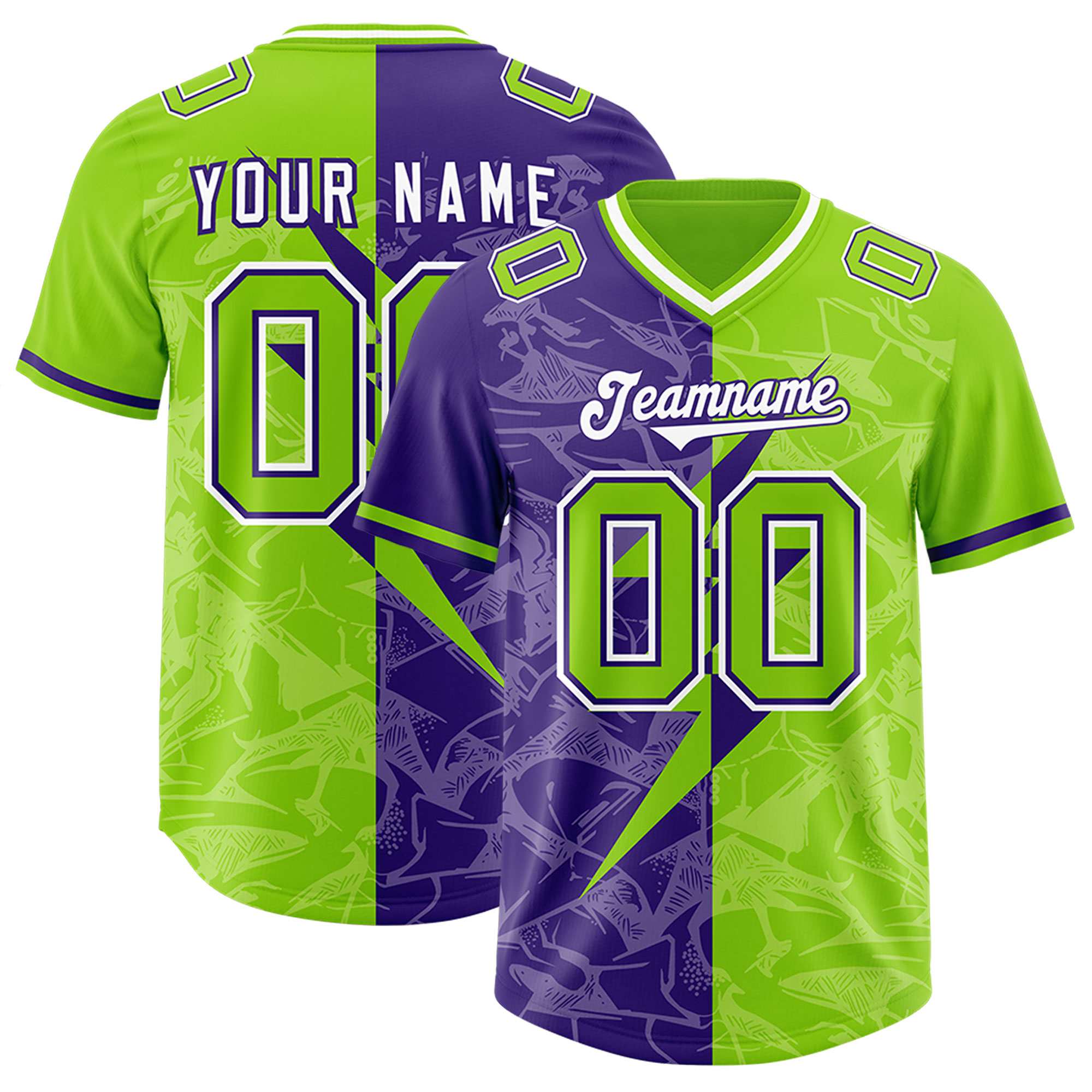 Custom Neon Green Purple Split Personalized Lightning Pattern American Football Jersey