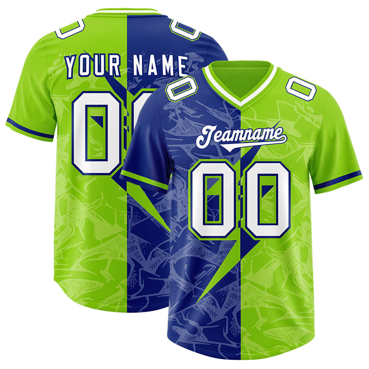 Custom Royal Neon Green Split Personalized Lightning Pattern American Football Jersey
