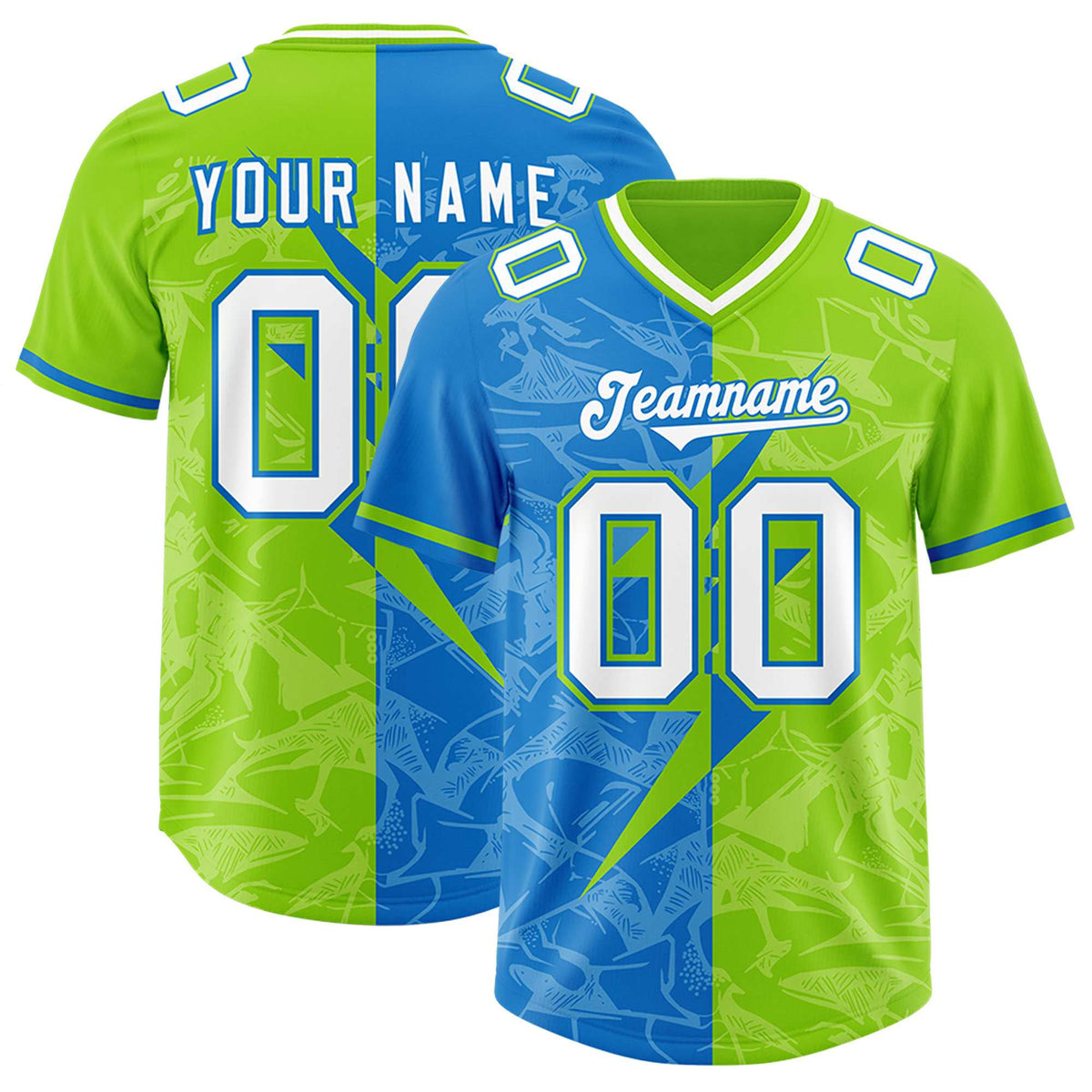 Custom Neon Green Panther Blue Split Personalized Lightning Pattern American Football Jersey