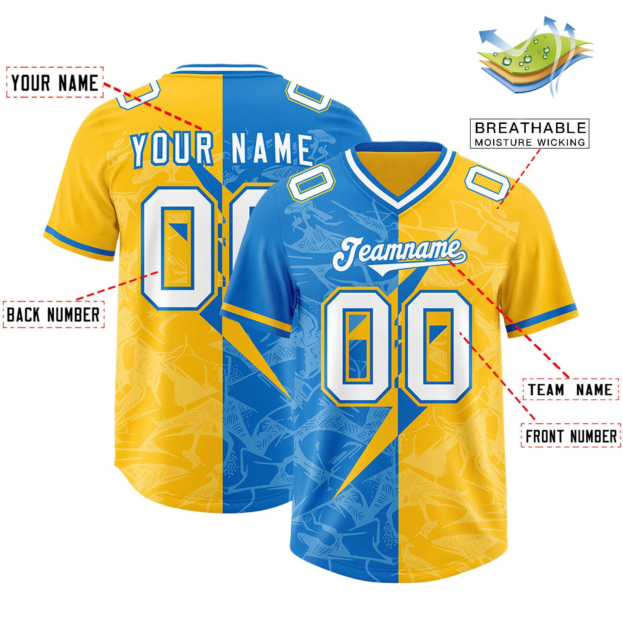 Custom Panther Blue Gold Split Personalized Lightning Pattern American Football Jersey