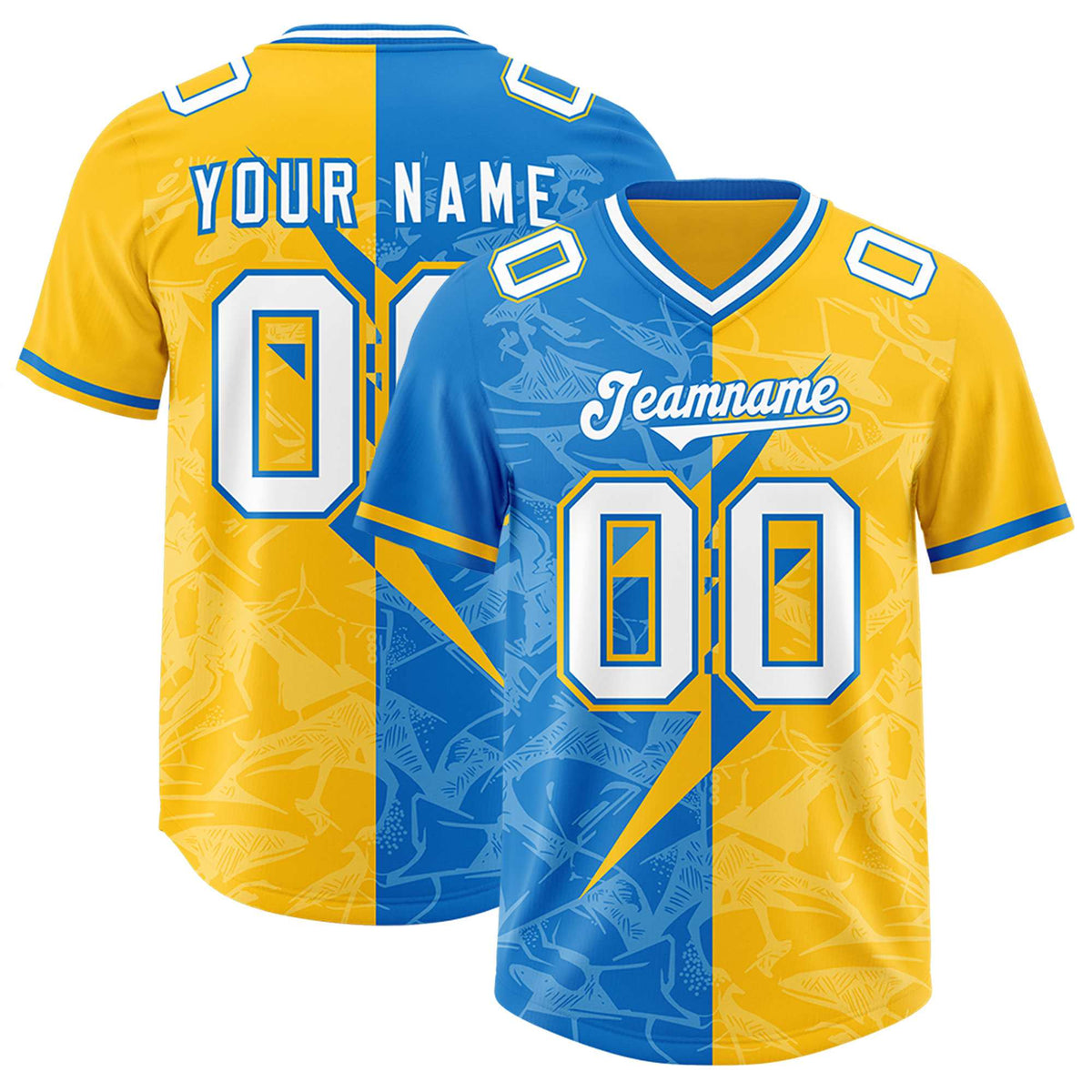Custom Panther Blue Gold Split Personalized Lightning Pattern American Football Jersey