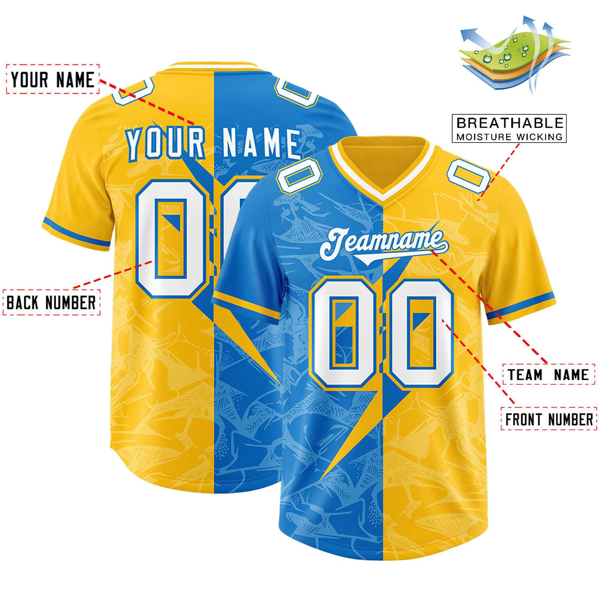 Custom Panther Blue Yellow Split Personalized Lightning Pattern American Football Jersey