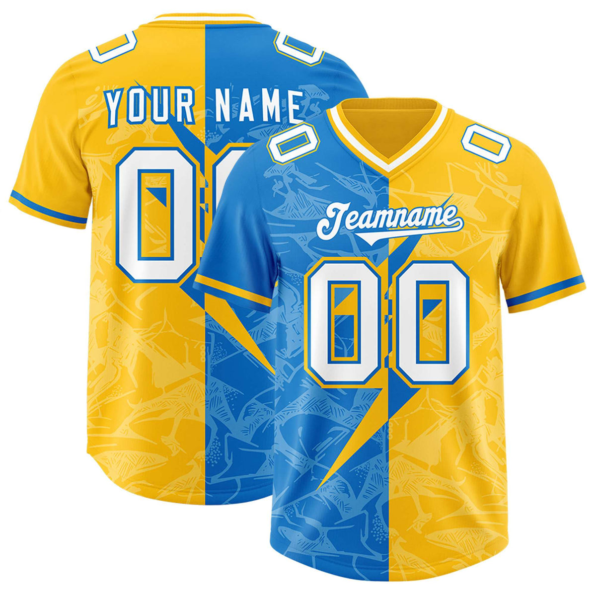 Custom Panther Blue Yellow Split Personalized Lightning Pattern American Football Jersey
