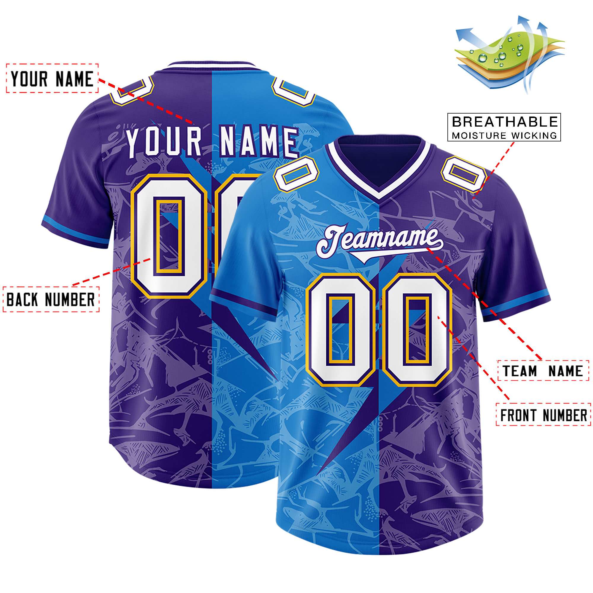 Custom Panther Blue Purple Split Personalized Lightning Pattern American Football Jersey