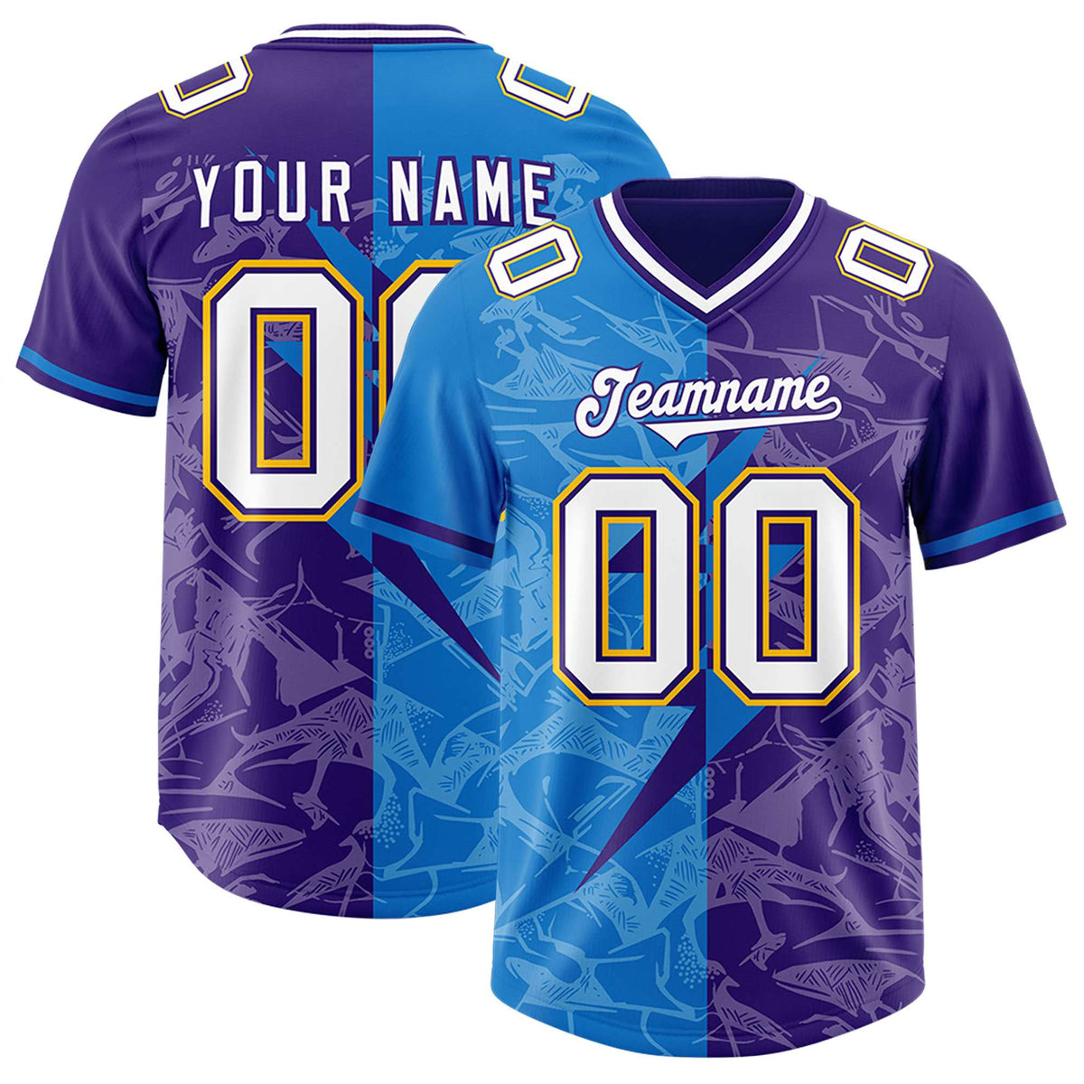 Custom Panther Blue Purple Split Personalized Lightning Pattern American Football Jersey