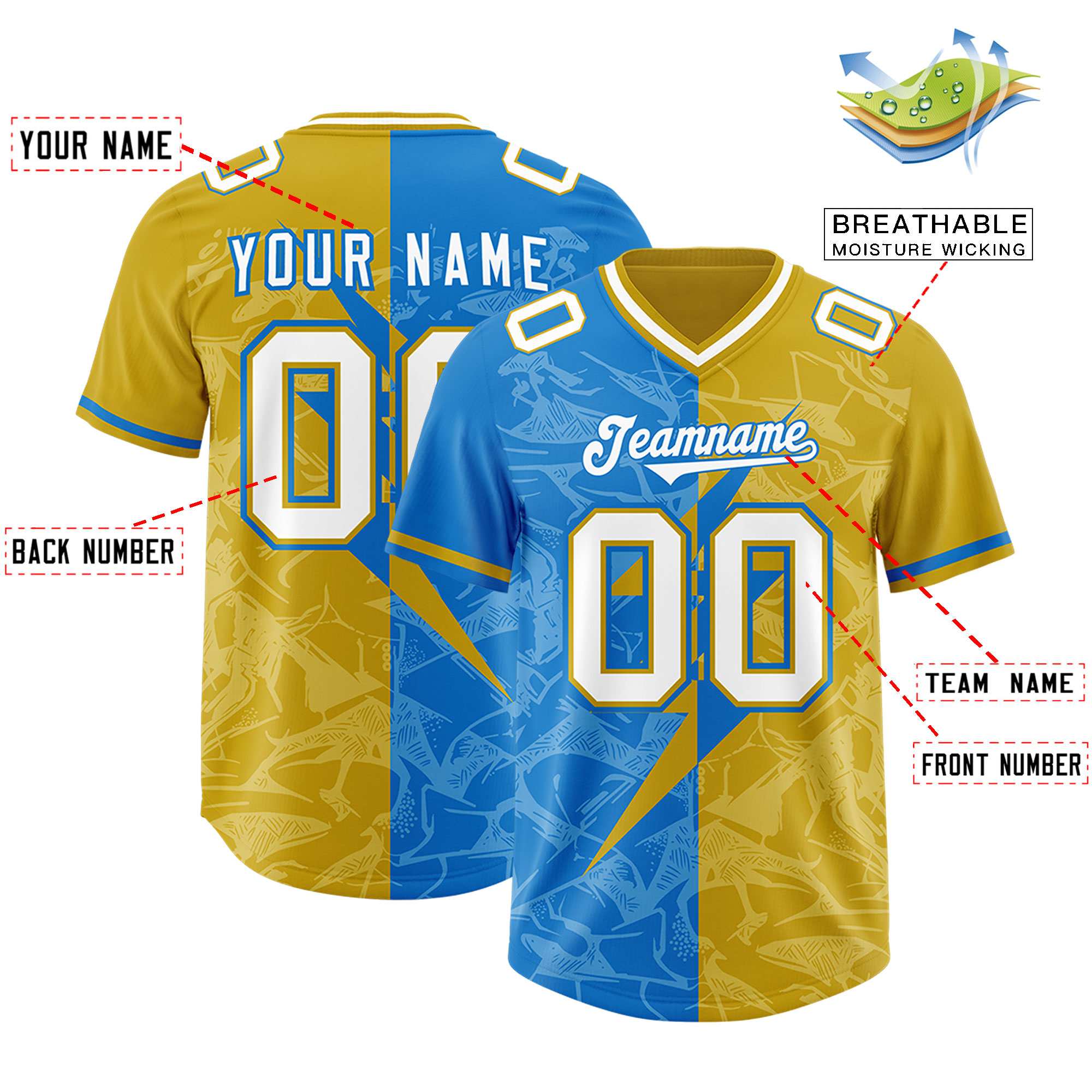 Custom Panther Blue Old Gold Split Personalized Lightning Pattern American Football Jersey