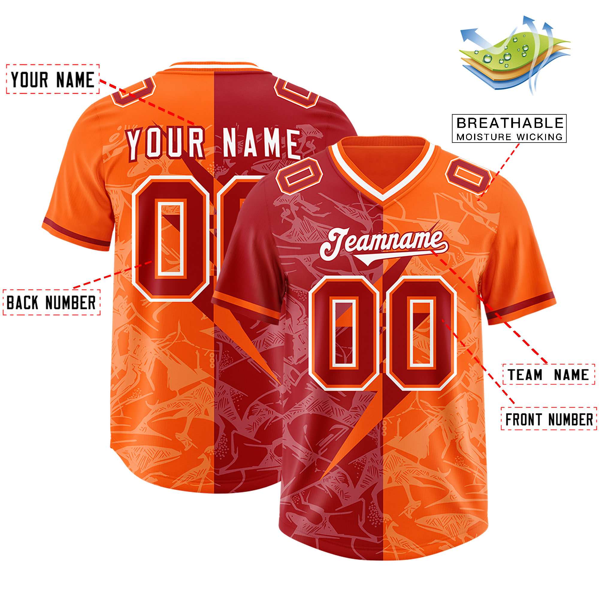 Custom Red Orange Split Personalized Lightning Pattern American Football Jersey