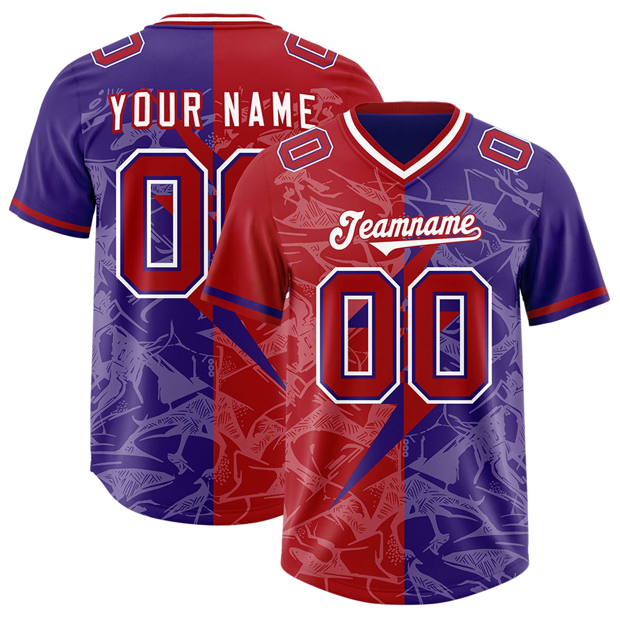 Custom Red Purple Split Personalized Lightning Pattern American Football Jersey