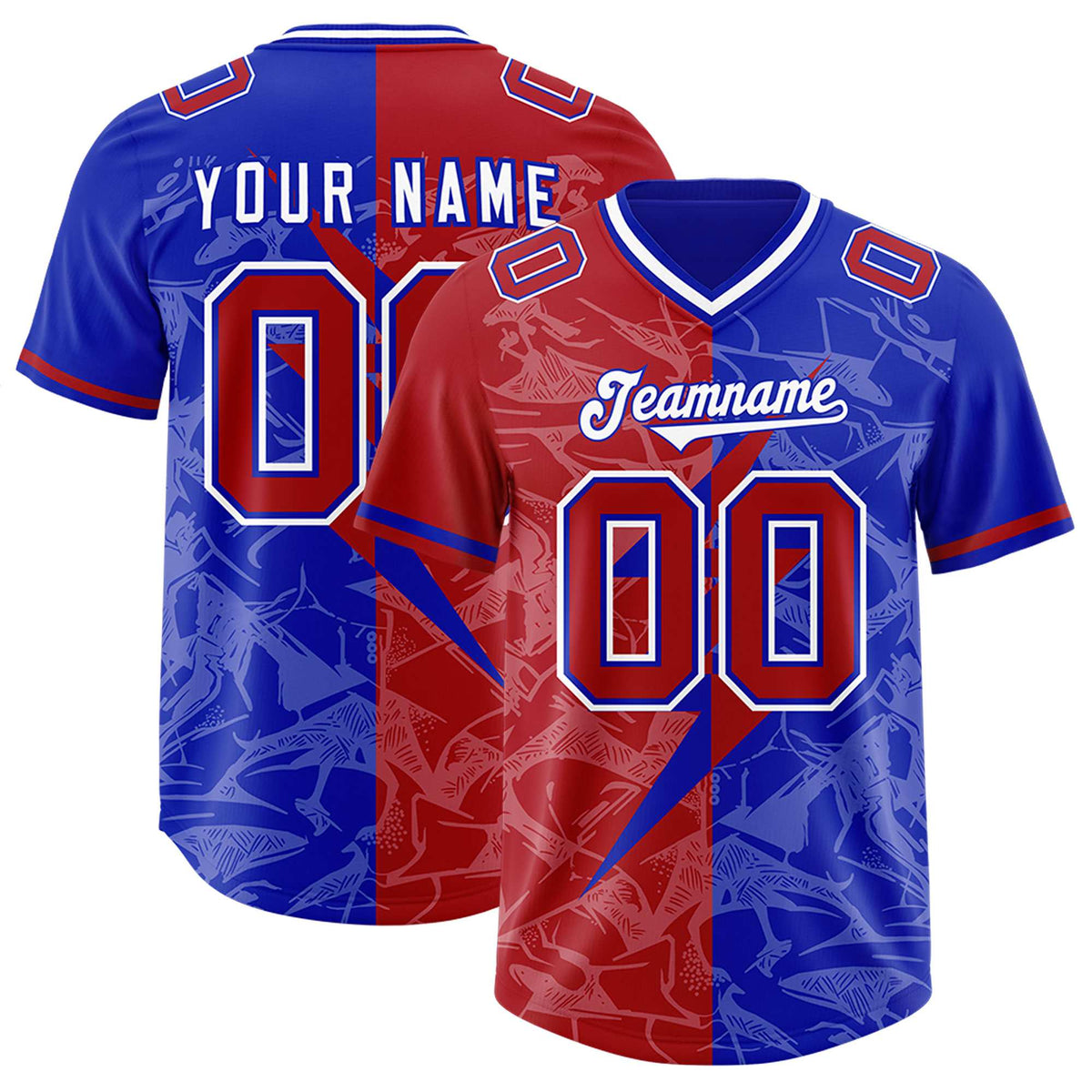 Custom Royal Red Split Personalized Lightning Pattern American Football Jersey