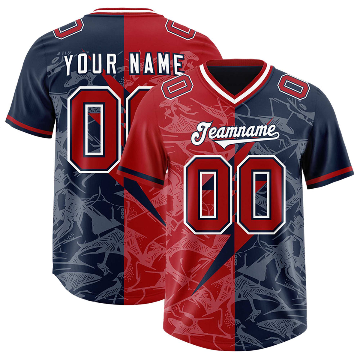 Custom Navy Red Split Personalized Lightning Pattern American Football Jersey