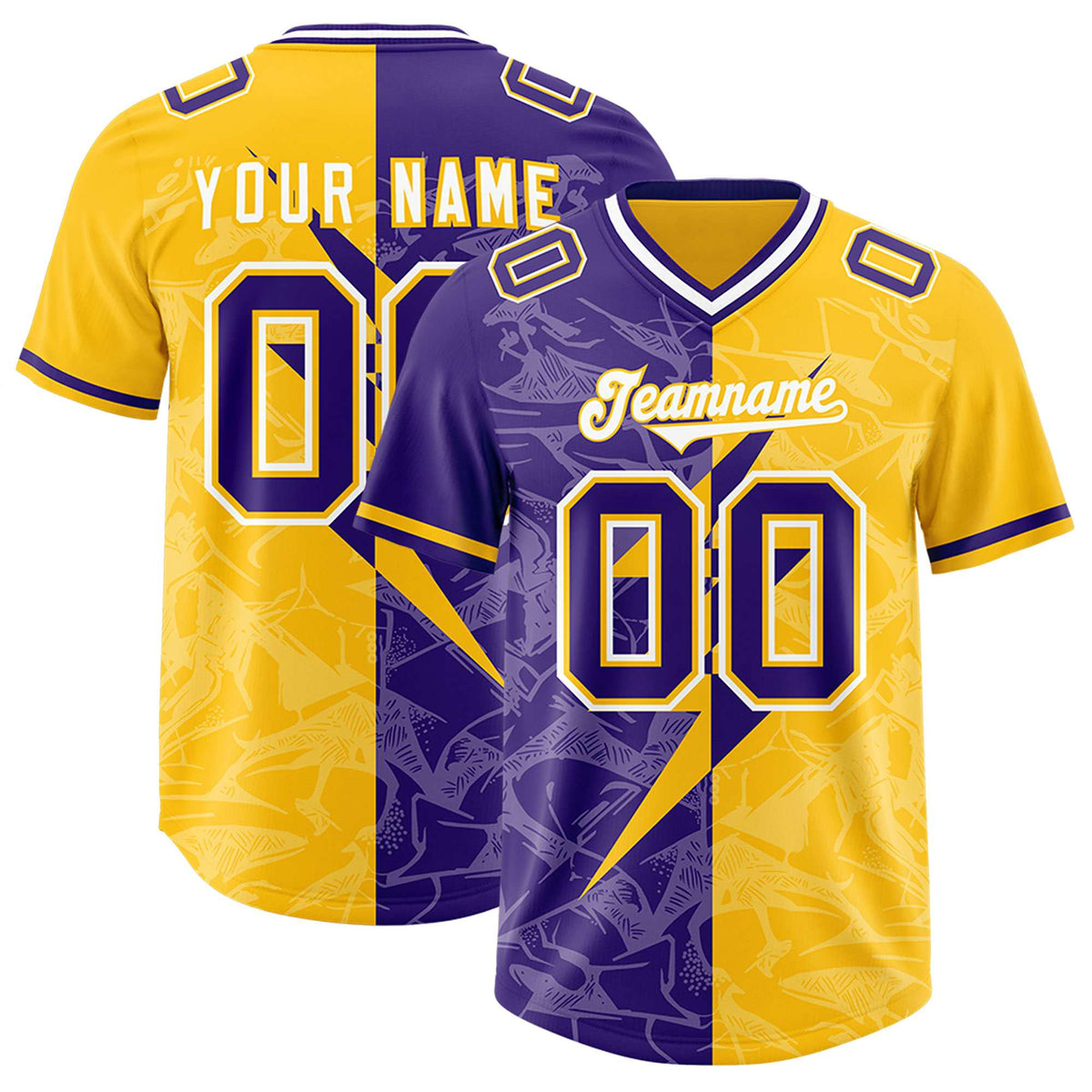 Custom Yellow Purple Split Personalized Lightning Pattern American Football Jersey