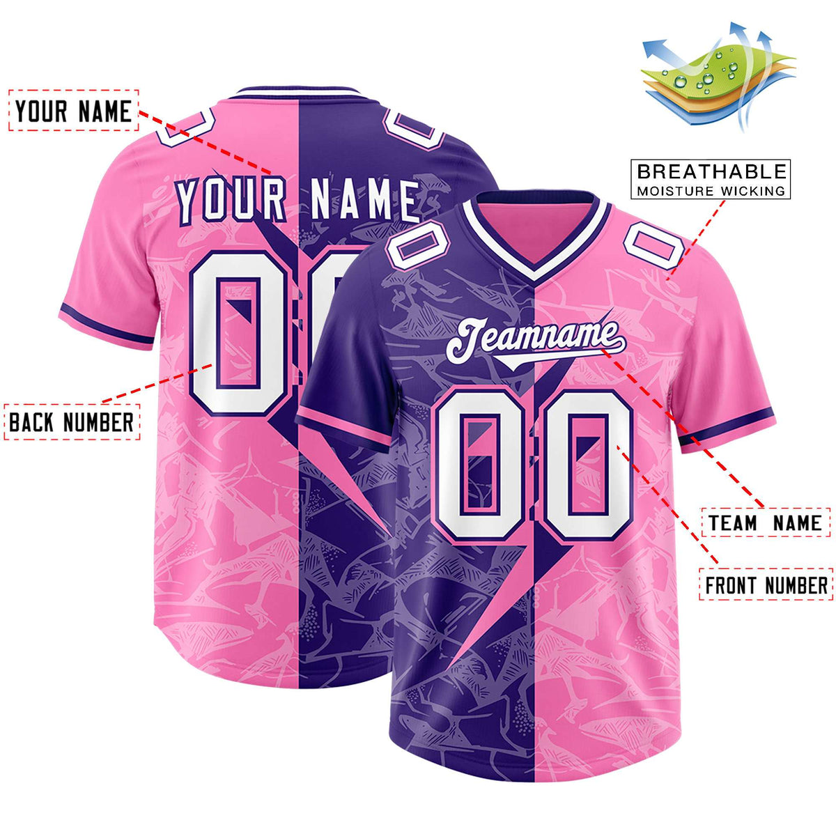 Custom Pink Purple Split Personalized Lightning Pattern American Football Jersey