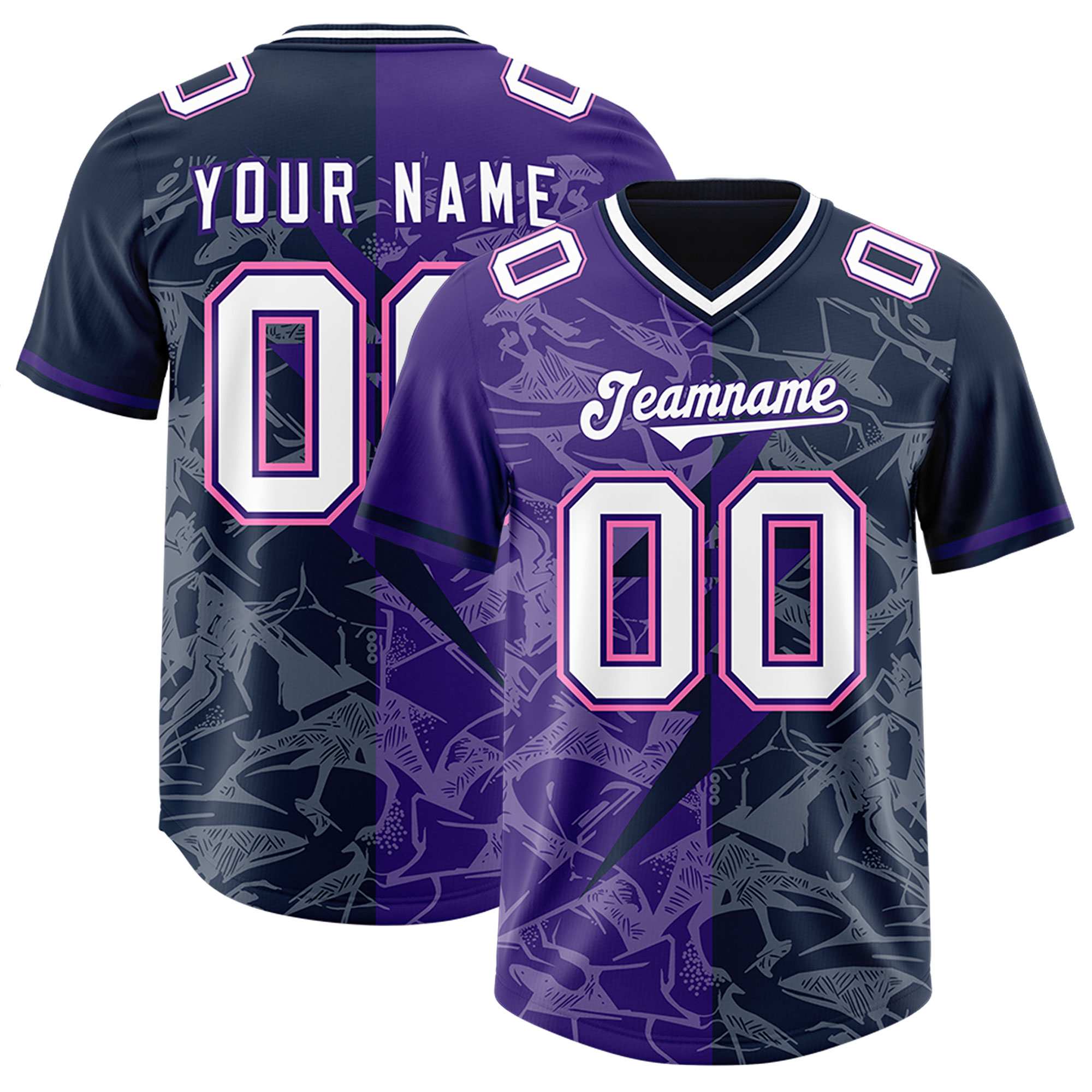 Custom Navy Purple Split Personalized Lightning Pattern American Football Jersey