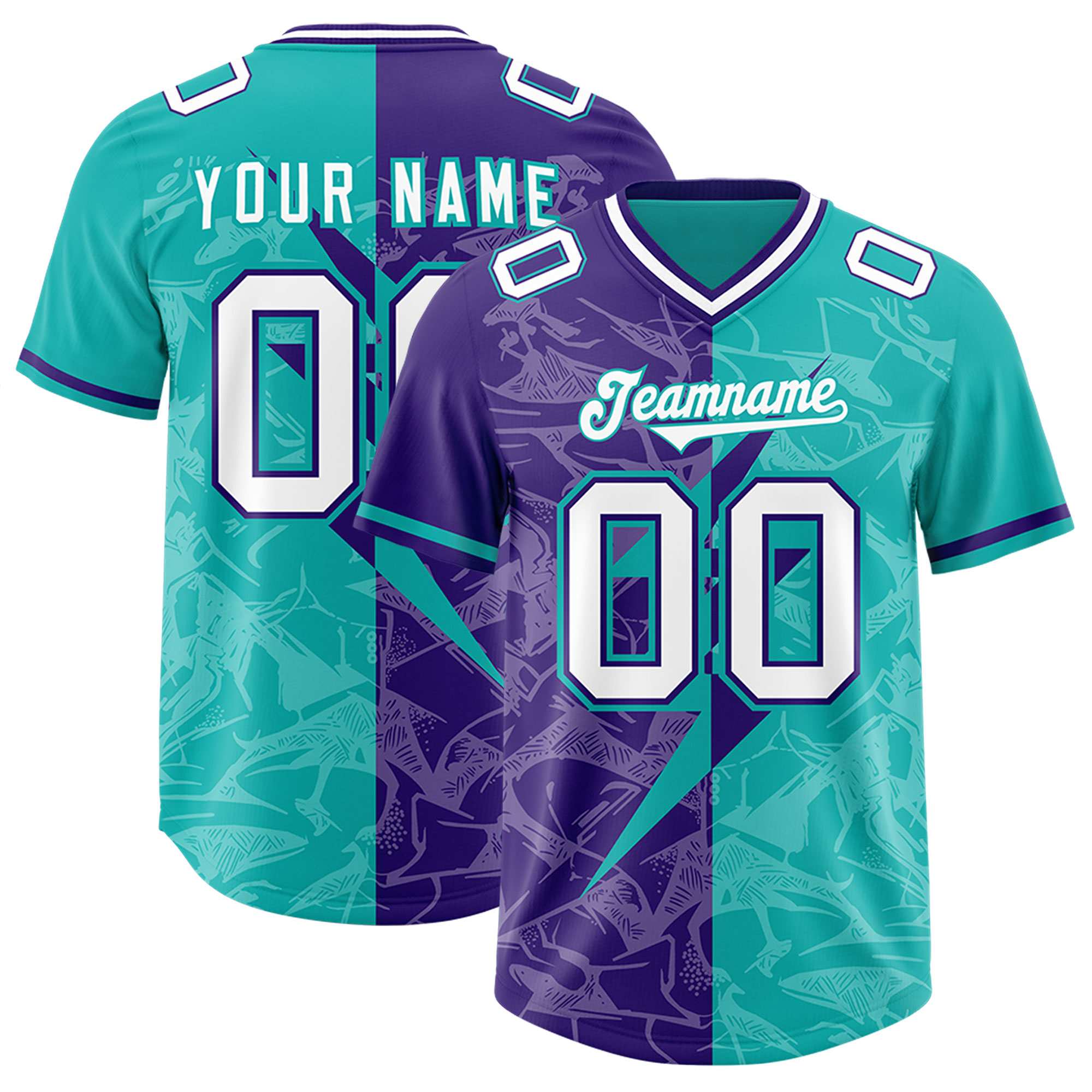 Custom Aqua Purple Split Personalized Lightning Pattern American Football Jersey