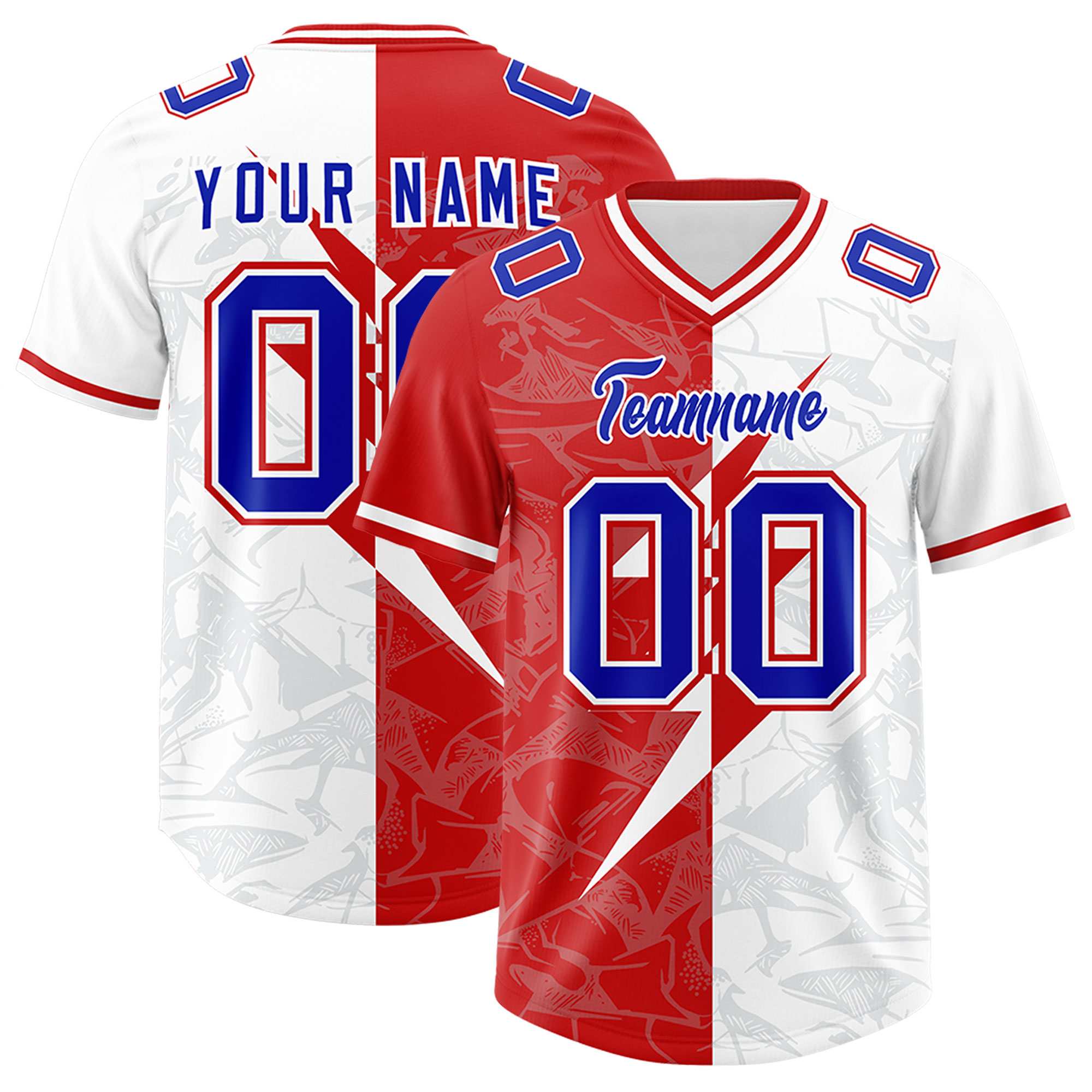 Custom White Red Split Personalized Lightning Pattern American Football Jersey