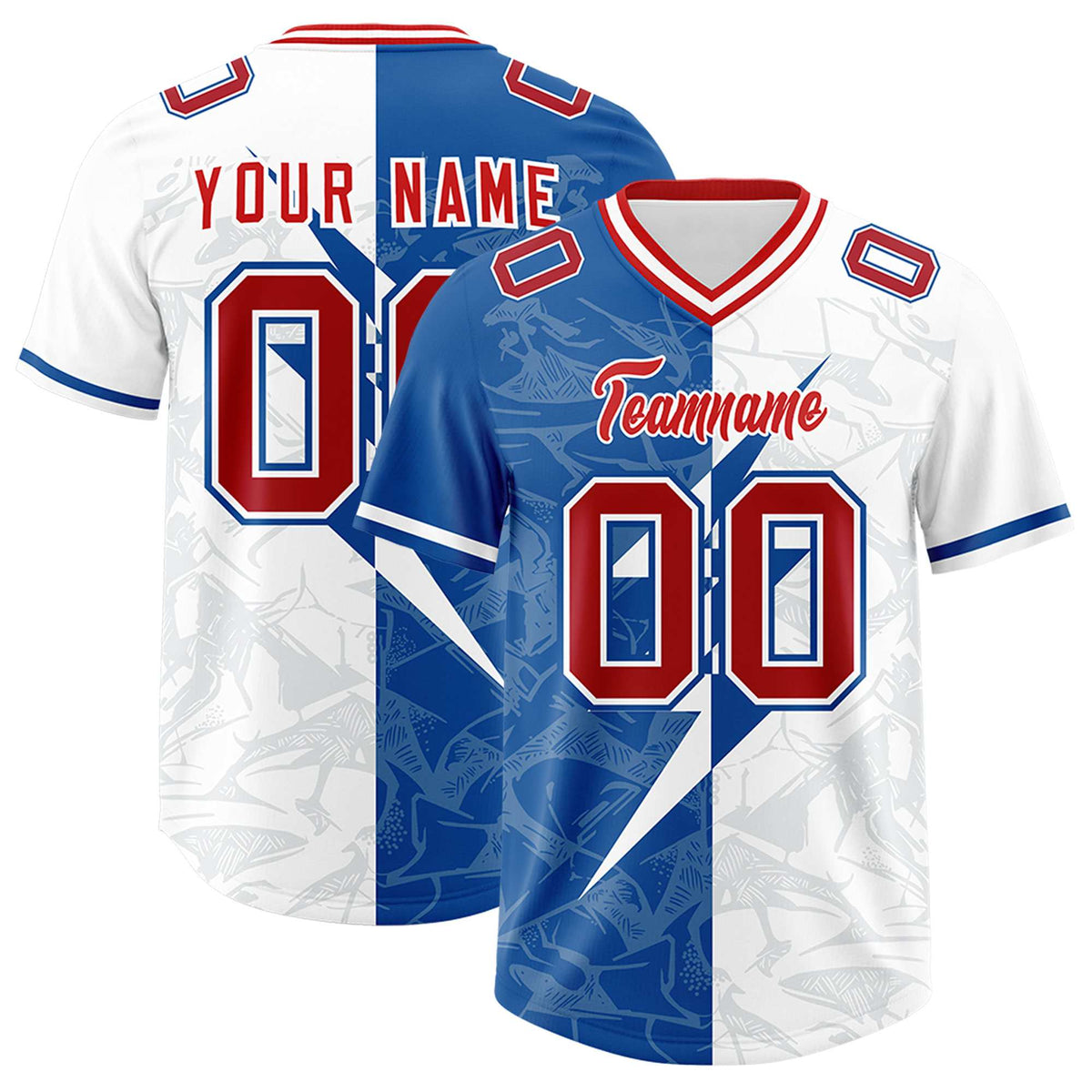 Custom White Royal Split Personalized Lightning Pattern American Football Jersey