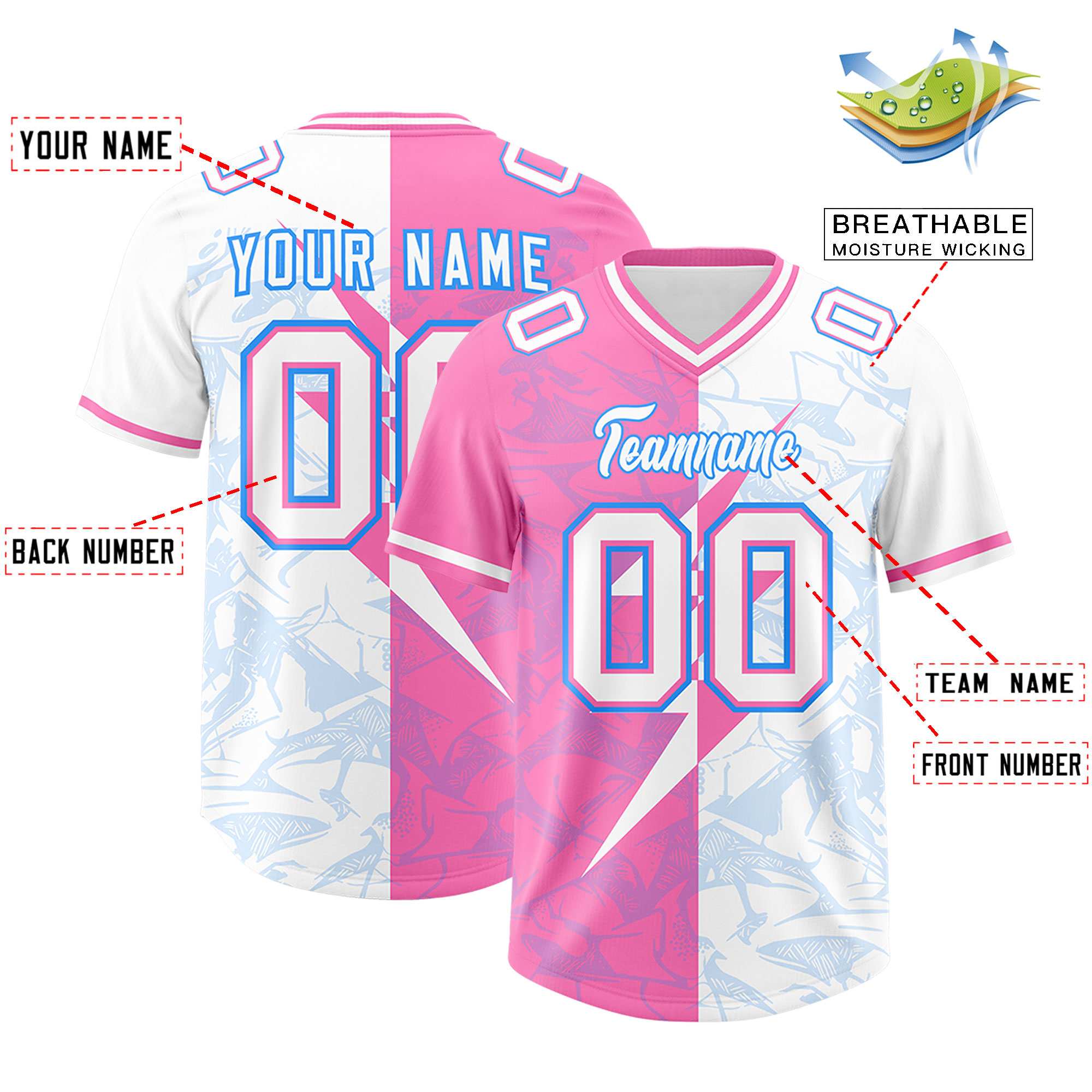 Custom White Pink Split Personalized Lightning Pattern American Football Jersey
