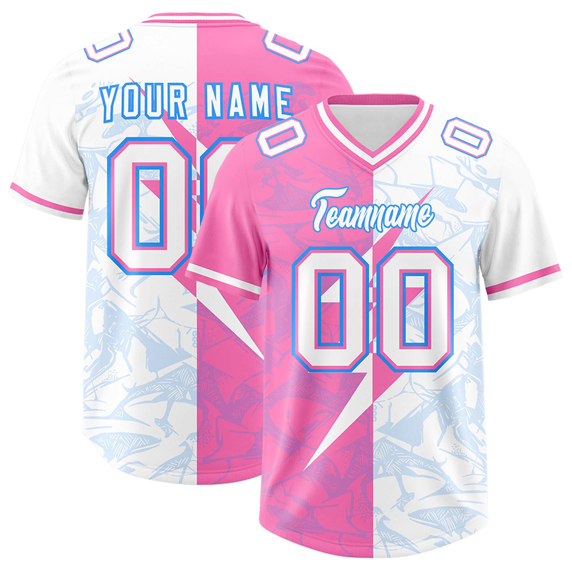 Custom White Pink Split Personalized Lightning Pattern American Football Jersey