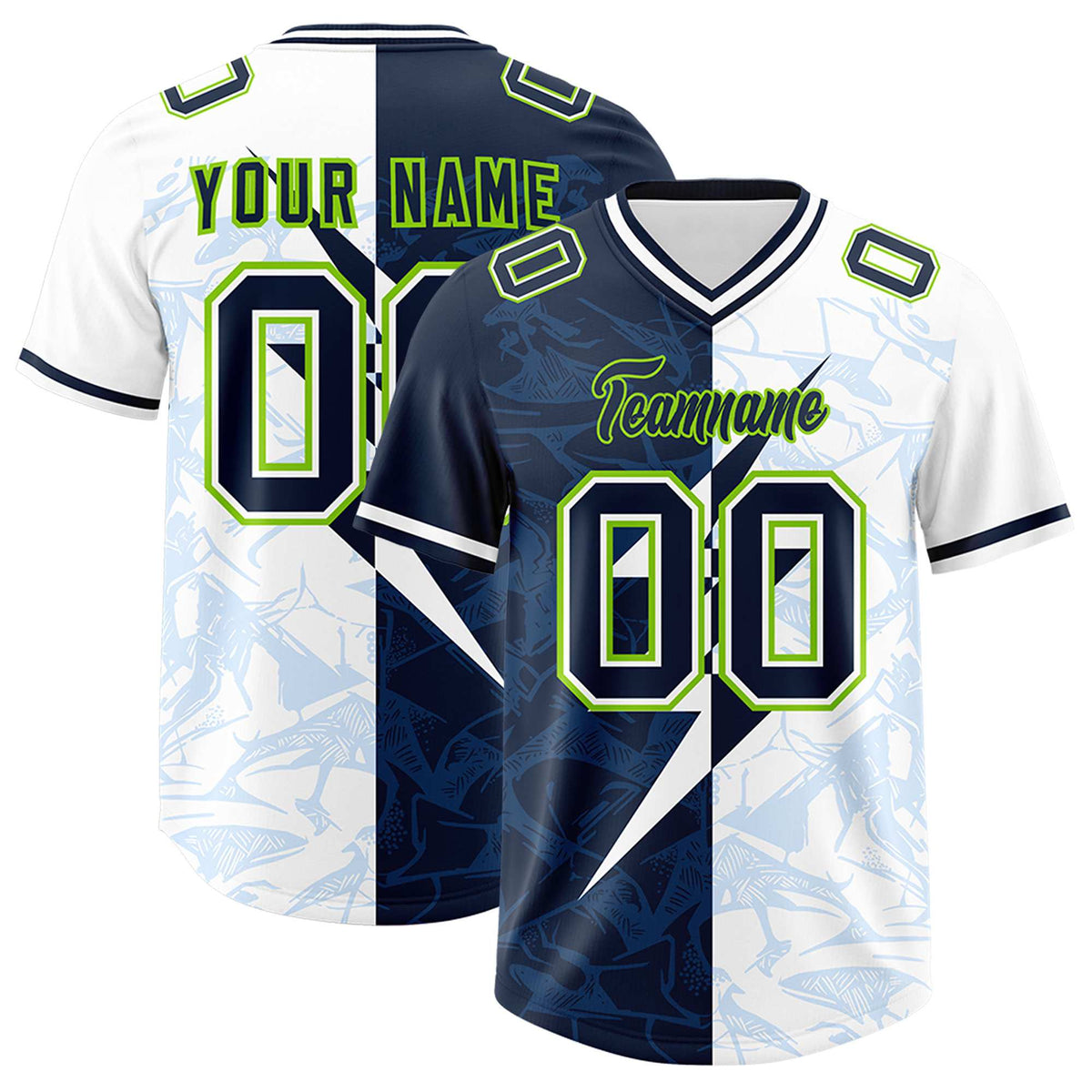 Custom White Navy Split Personalized Lightning Pattern American Football Jersey