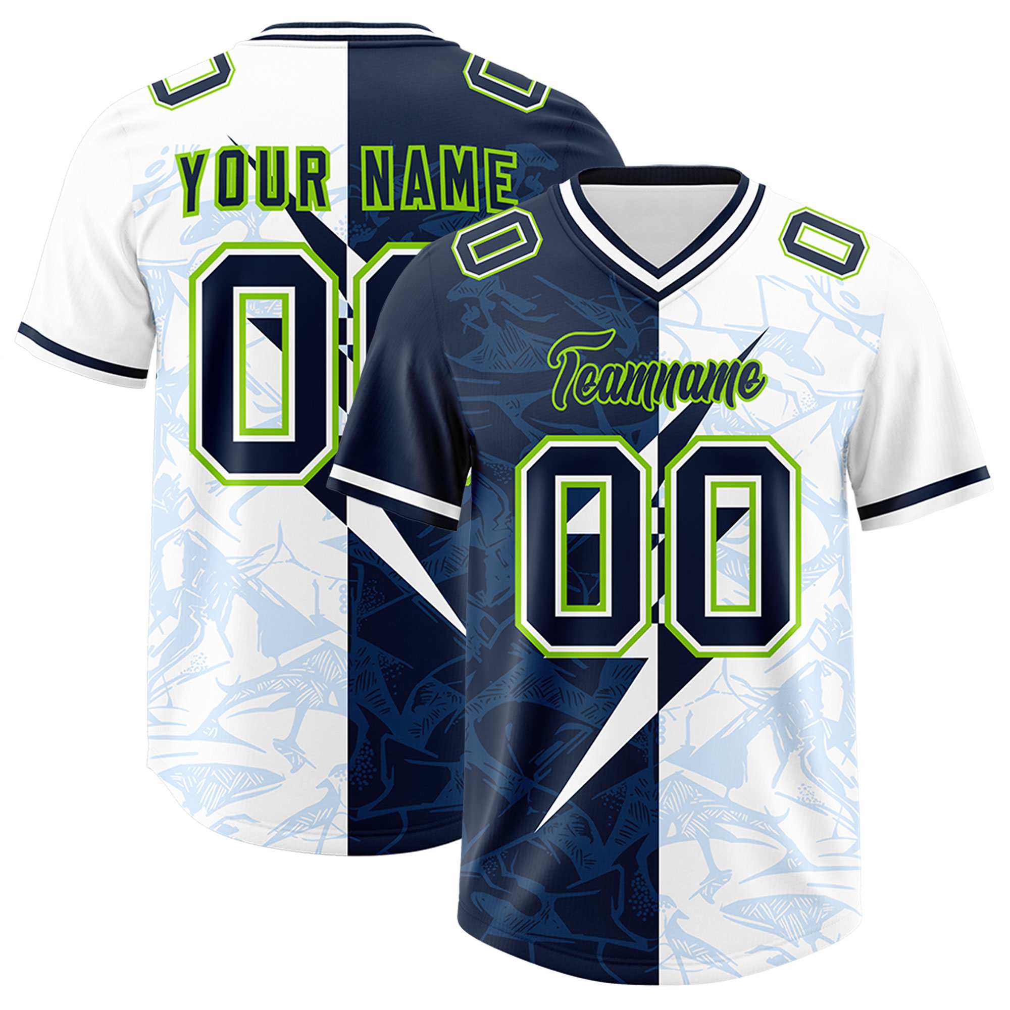 Custom White Navy Split Personalized Lightning Pattern American Football Jersey