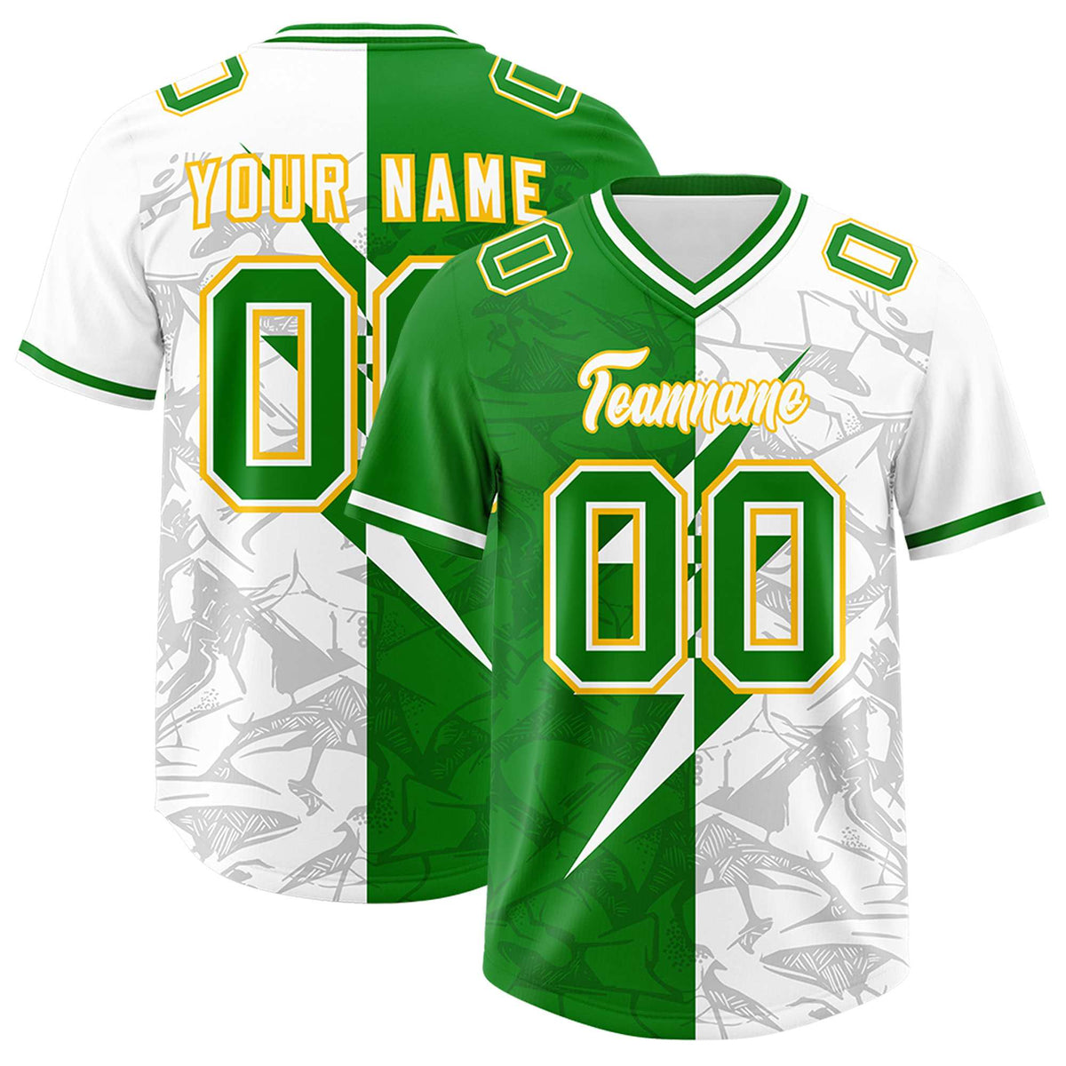 Custom Kelly Green White Split Personalized Lightning Pattern American Football Jersey