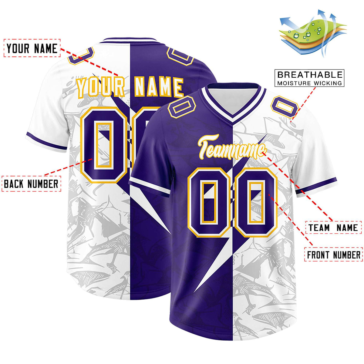 Custom Purple White Split Personalized Lightning Pattern American Football Jersey