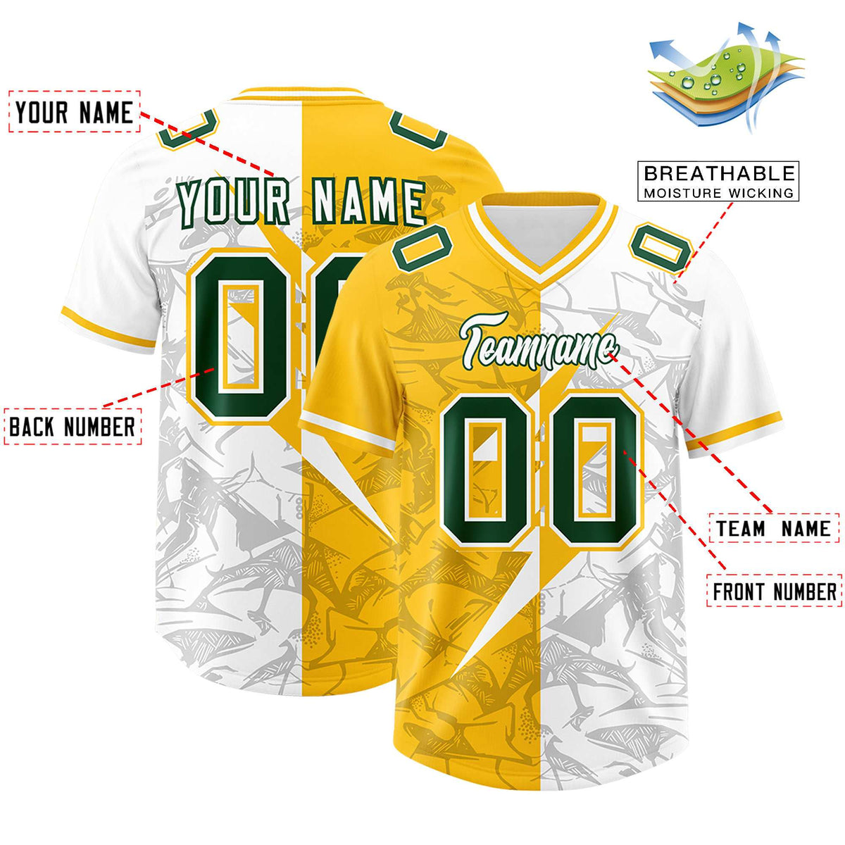 Custom Yellow White Split Personalized Lightning Pattern American Football Jersey