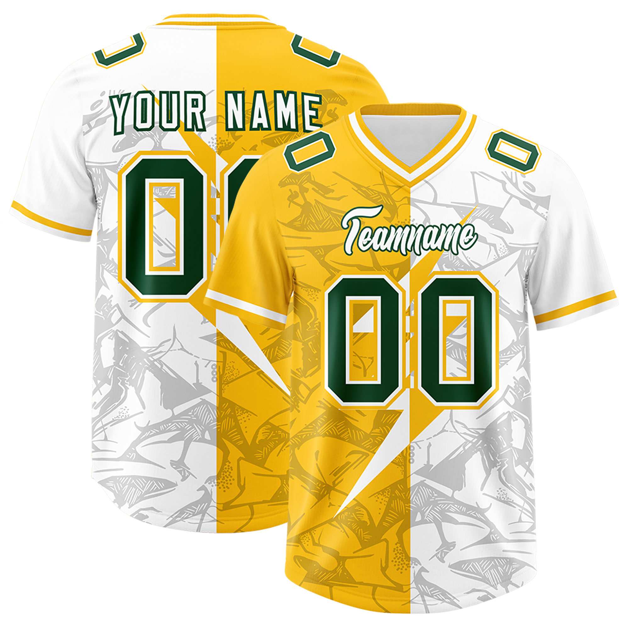 Custom Yellow White Split Personalized Lightning Pattern American Football Jersey