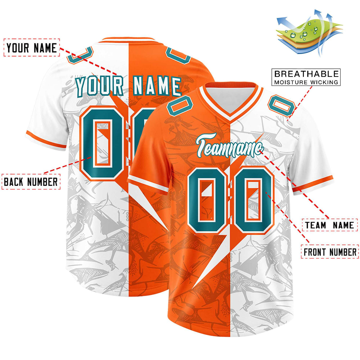 Custom Orange White Split Personalized Lightning Pattern American Football Jersey