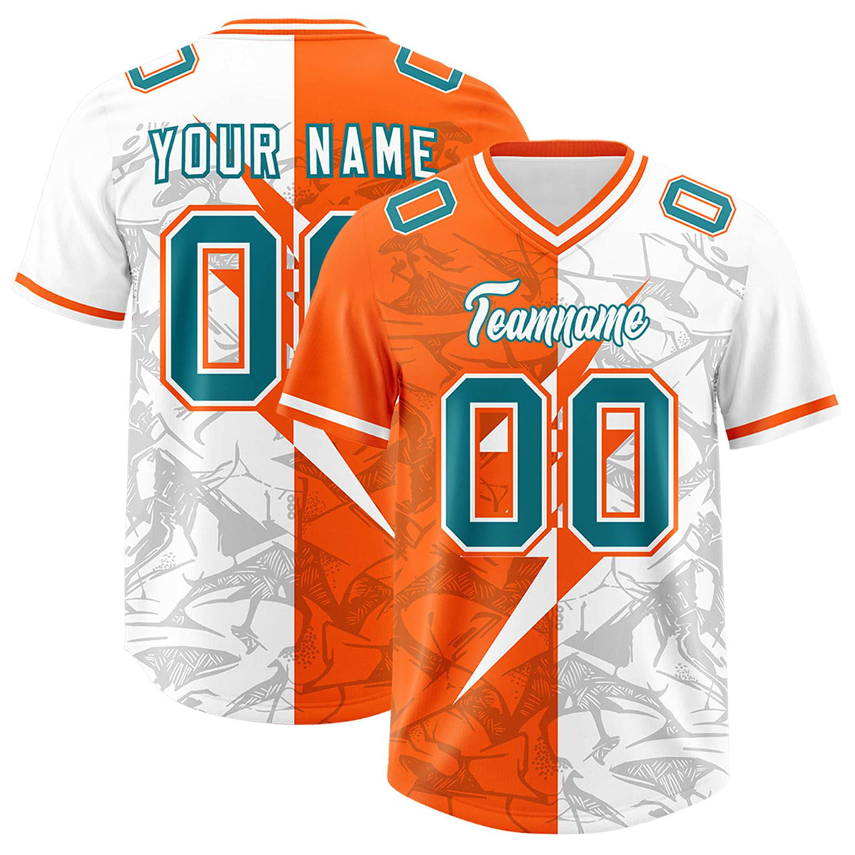 Custom Orange White Split Personalized Lightning Pattern American Football Jersey