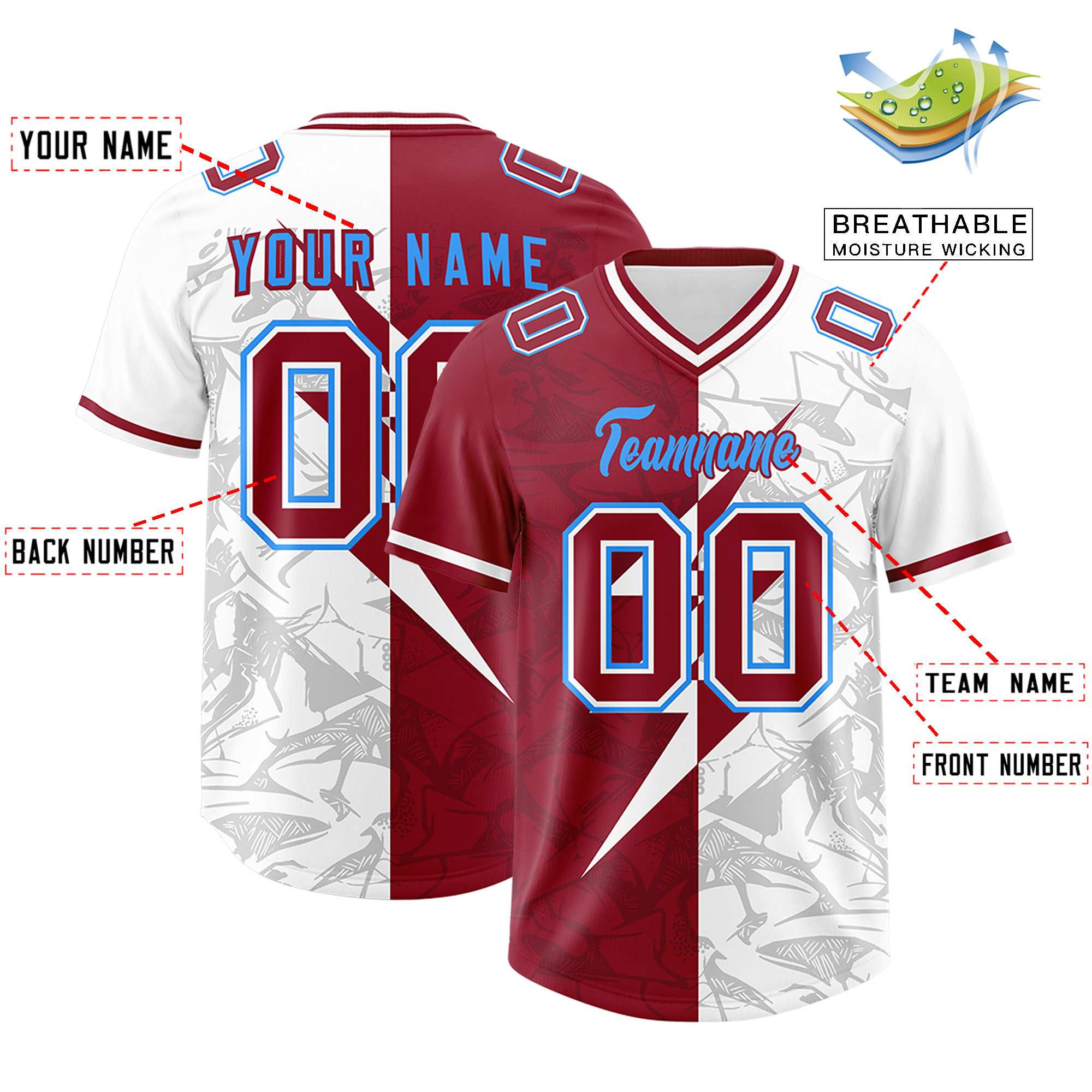 Custom Cardinal White Split Personalized Lightning Pattern American Football Jersey