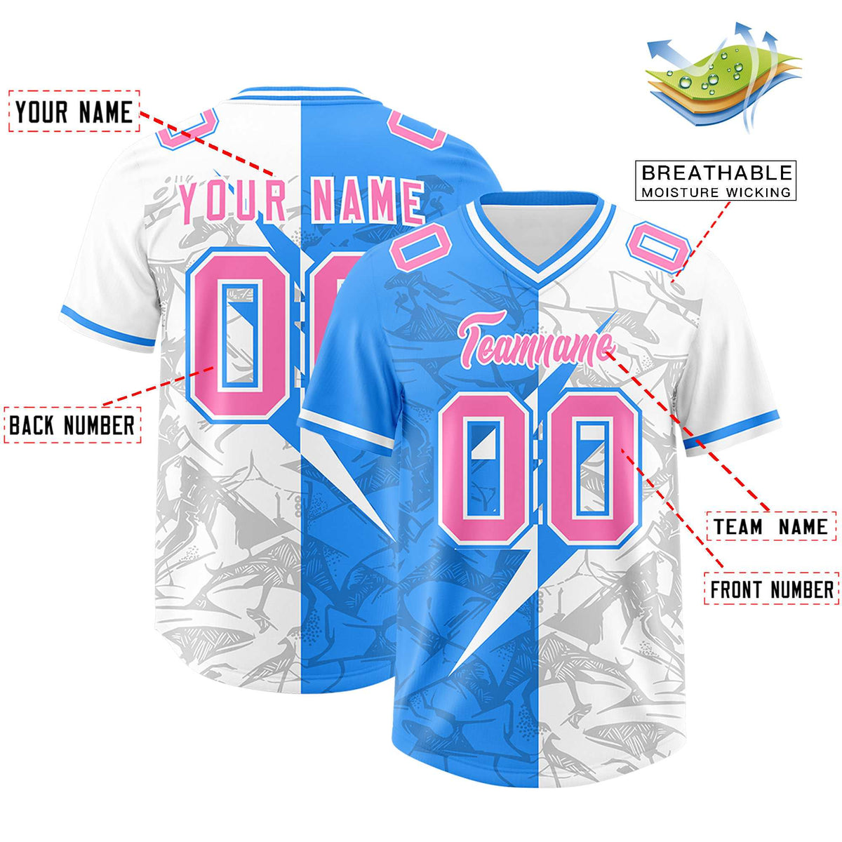Custom Light Blue White Split Personalized Lightning Pattern American Football Jersey