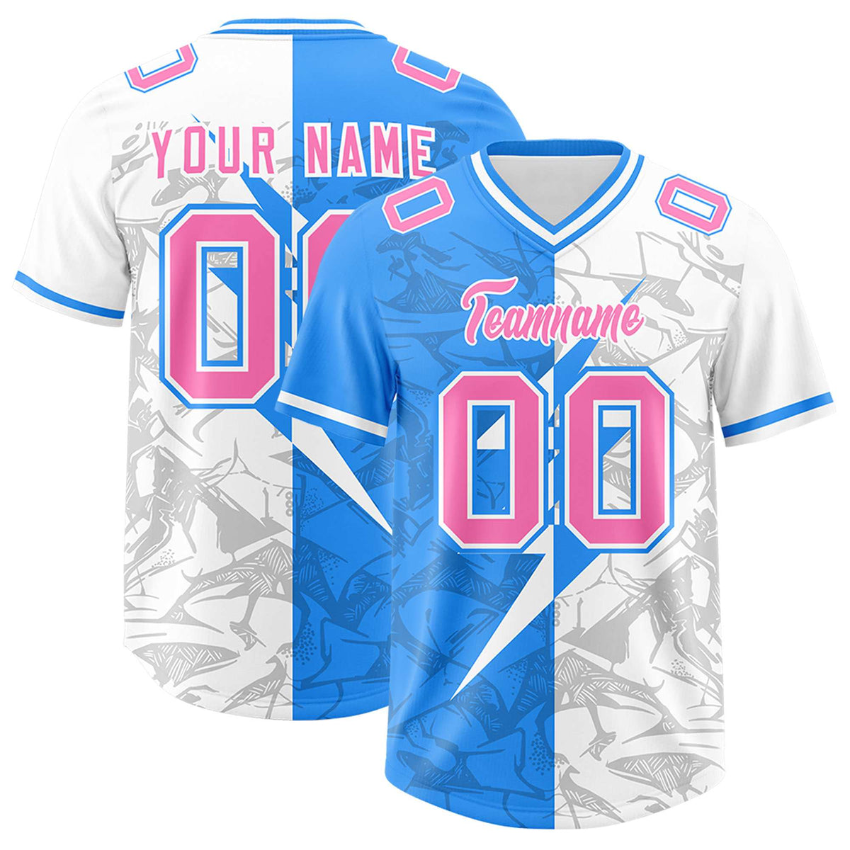 Custom Light Blue White Split Personalized Lightning Pattern American Football Jersey
