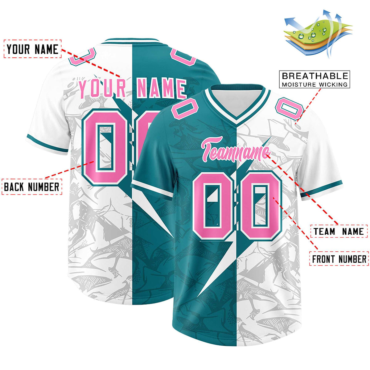 Custom Aqua White Split Personalized Lightning Pattern American Football Jersey