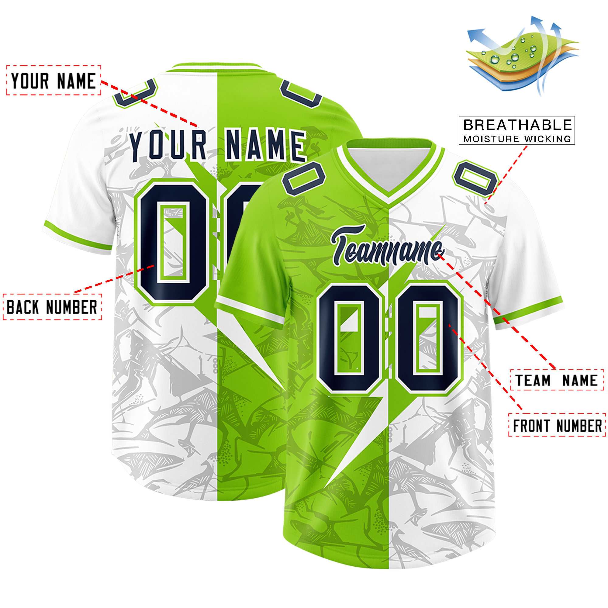 Custom Neon Green White Split Personalized Lightning Pattern American Football Jersey