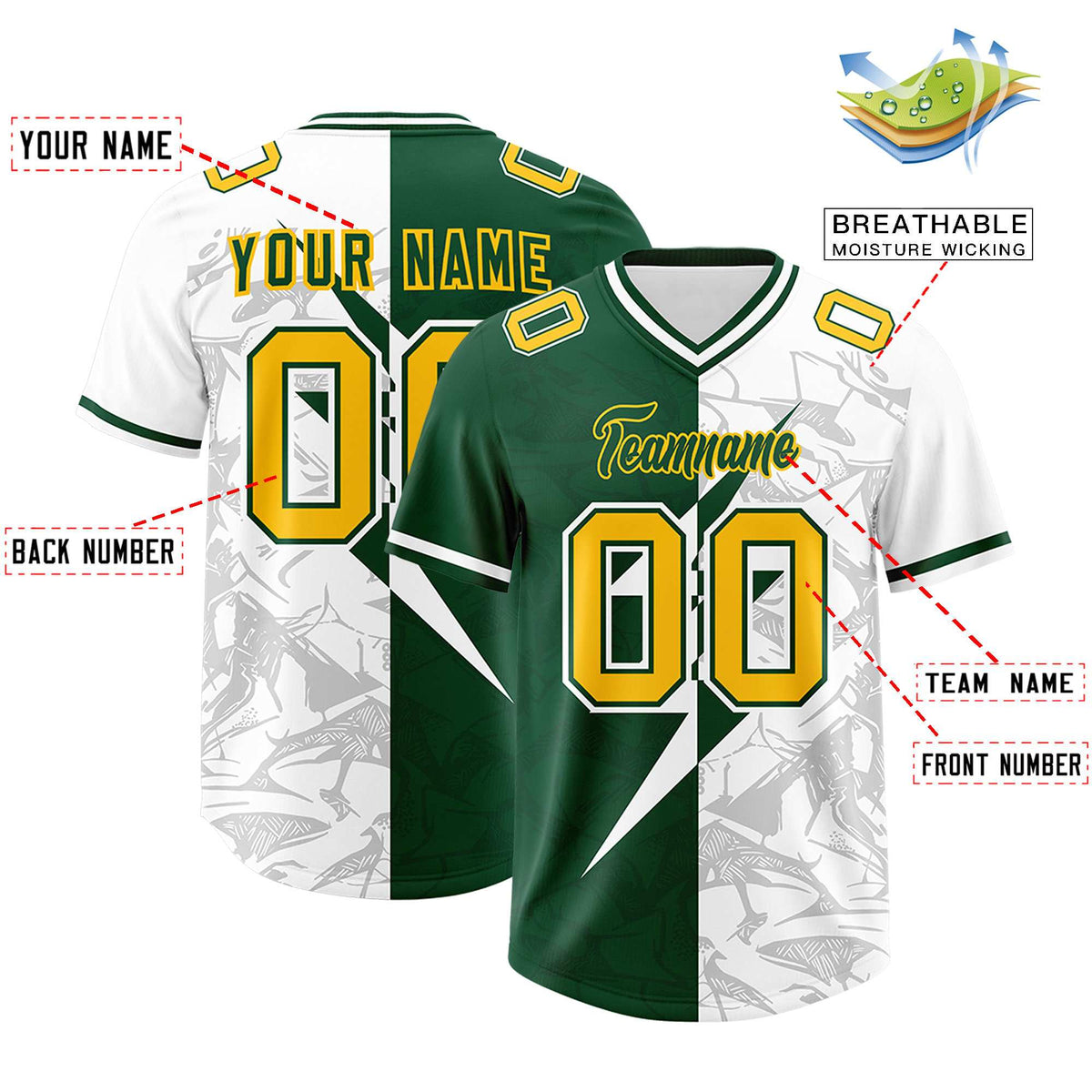 Custom Green White Split Personalized Lightning Pattern American Football Jersey