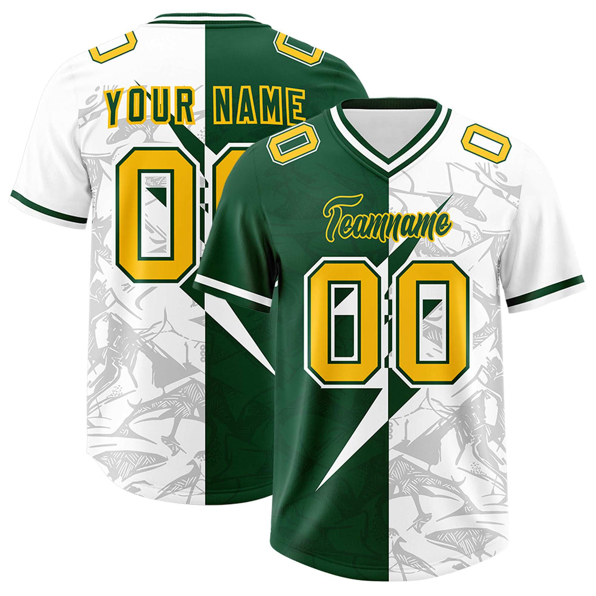 Custom Green White Split Personalized Lightning Pattern American Football Jersey