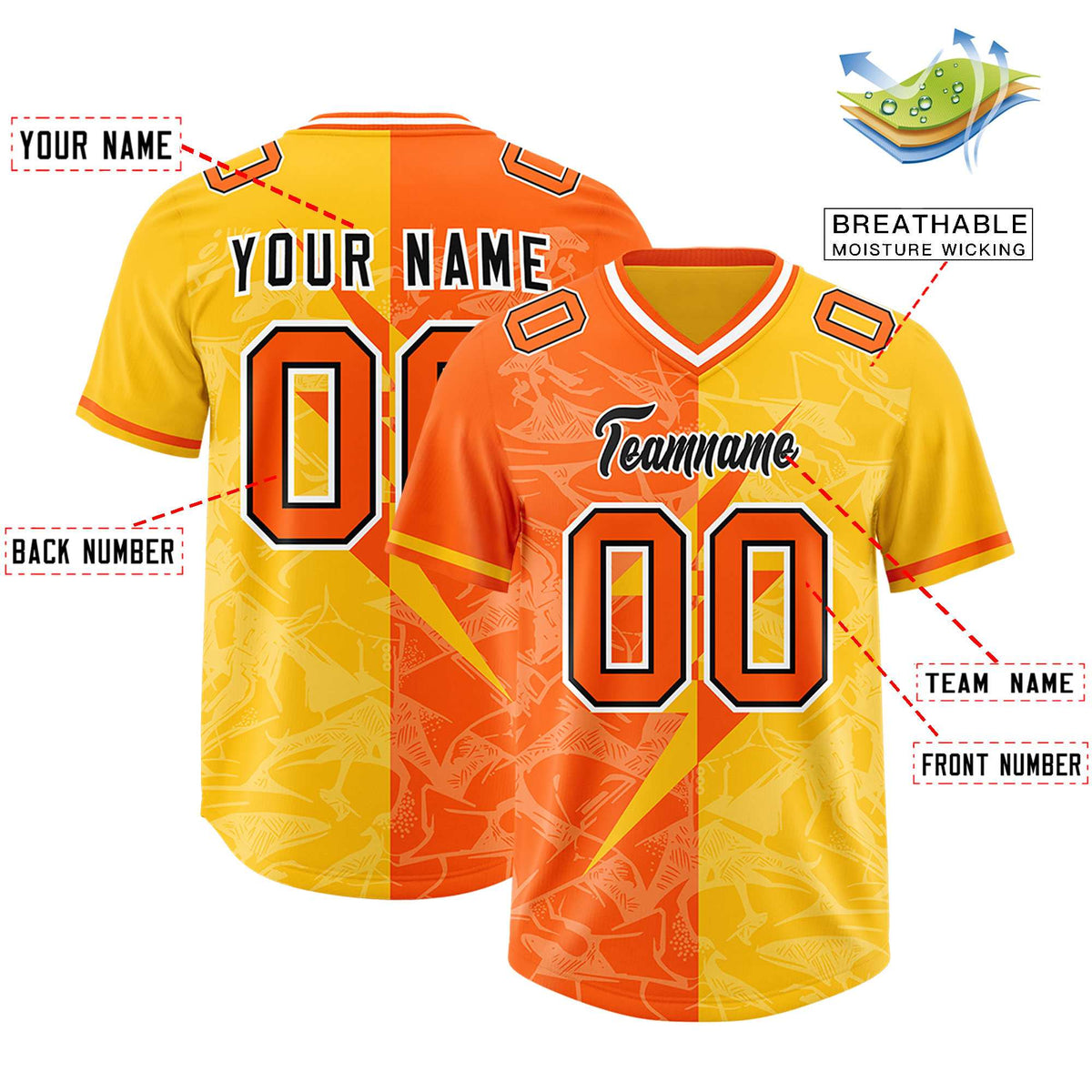 Custom Orange Yellow Split Personalized Lightning Pattern American Football Jersey