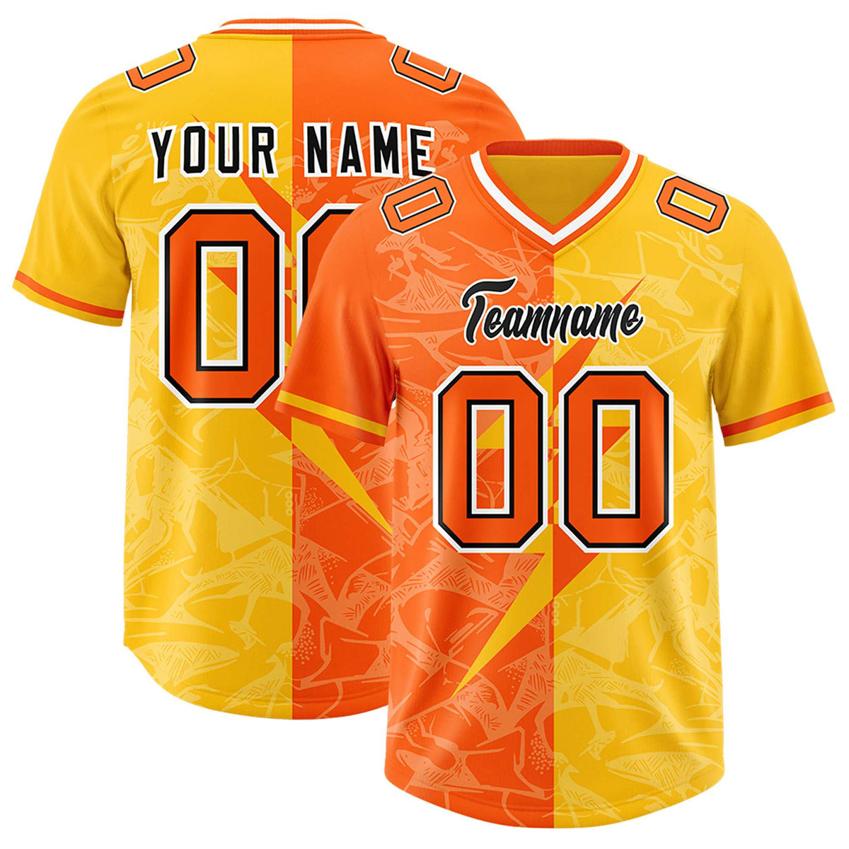 Custom Orange Yellow Split Personalized Lightning Pattern American Football Jersey