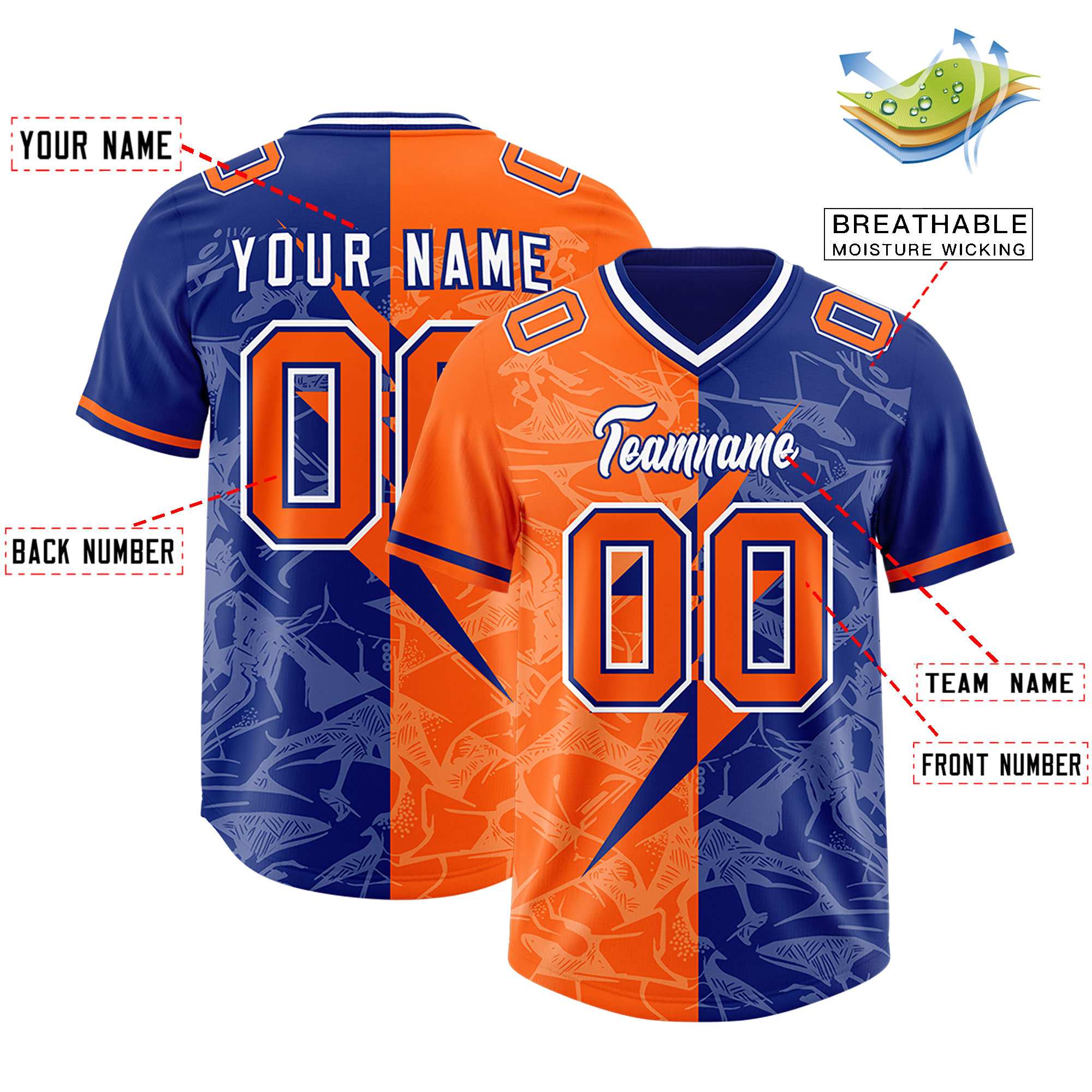 Custom Orange Royal Split Personalized Lightning Pattern American Football Jersey