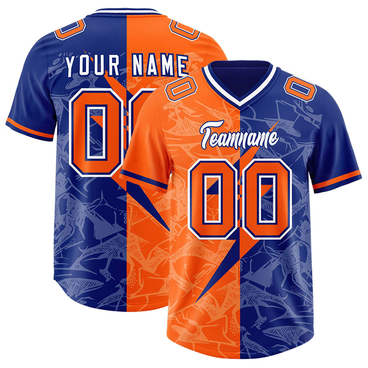 Custom Orange Royal Split Personalized Lightning Pattern American Football Jersey