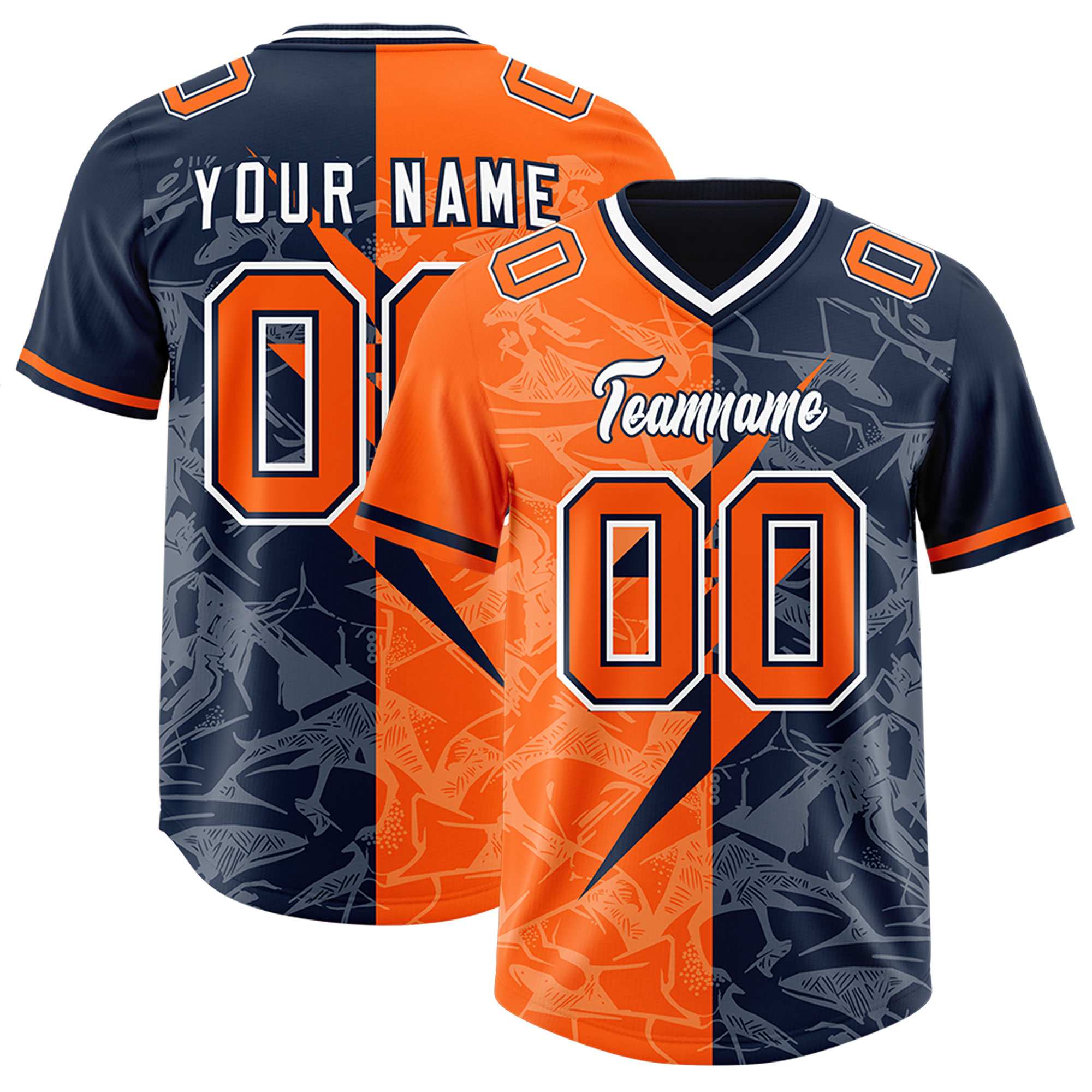 Custom Orange Navy Split Personalized Lightning Pattern American Football Jersey